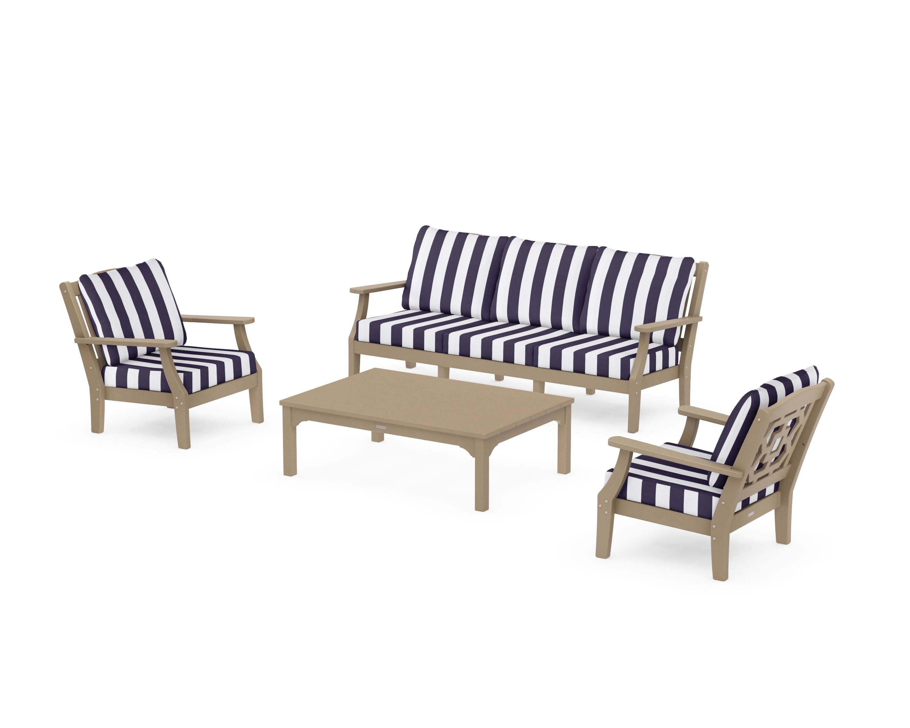 Chinoiserie 4-Piece Deep Seating Set with Sofa in Vintage Sahara / Cabana Stripe Navy