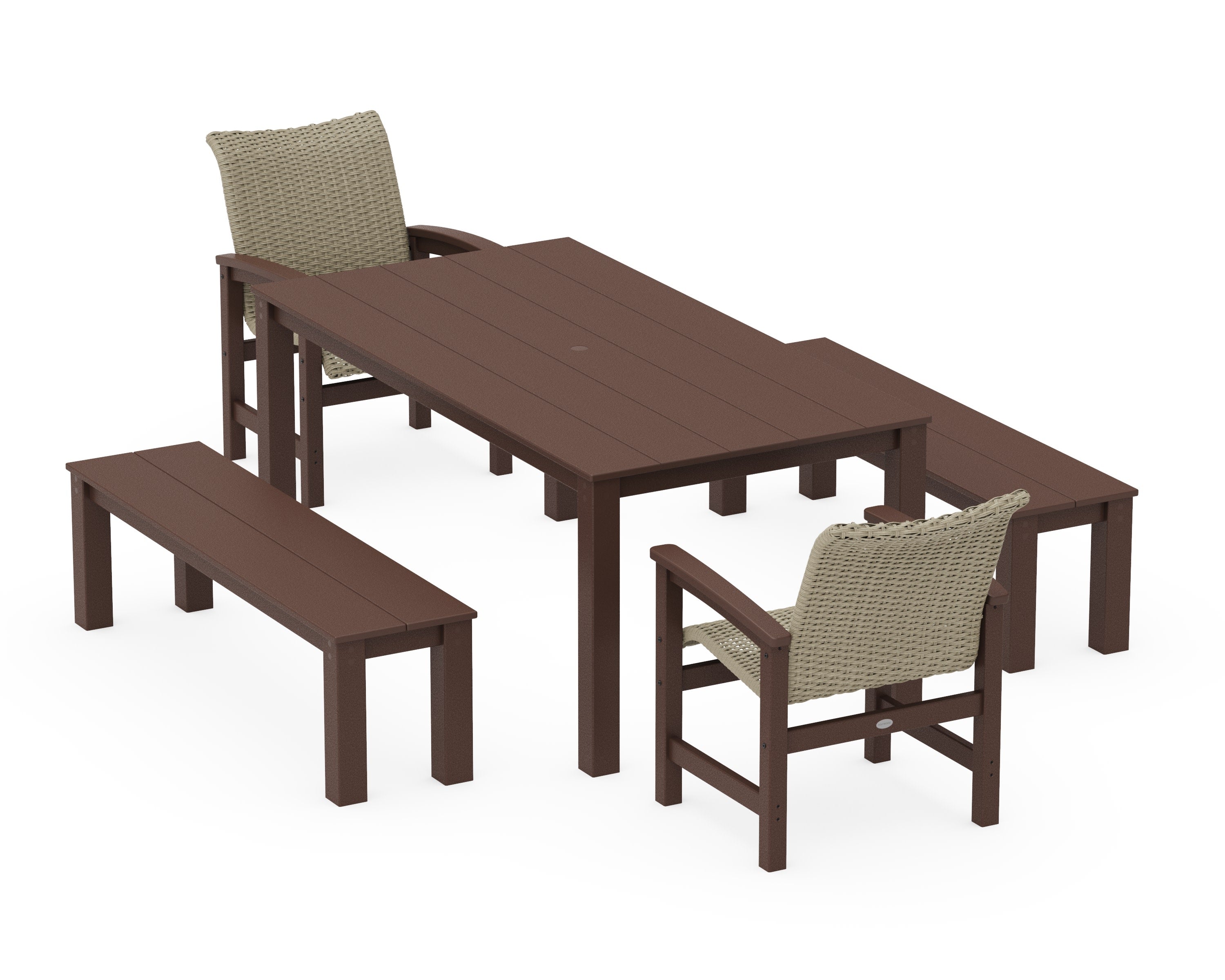 Coastal Woven 5-Piece Parsons Dining Set with Benches in Mahogany / Dune Grass