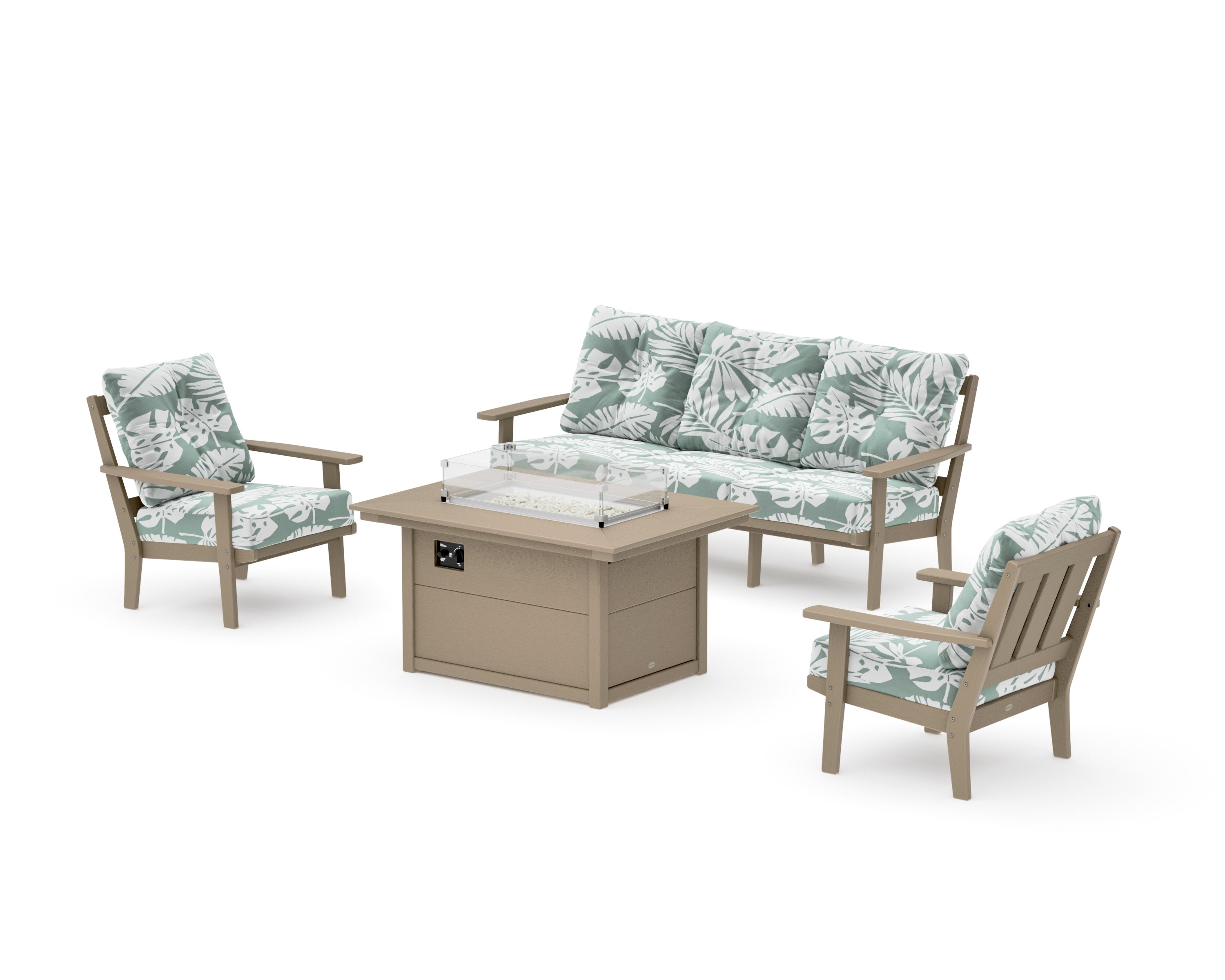 Oxford Deep Seating Fire Pit Table Set in Vintage Sahara / Leaf Glacier Spa
