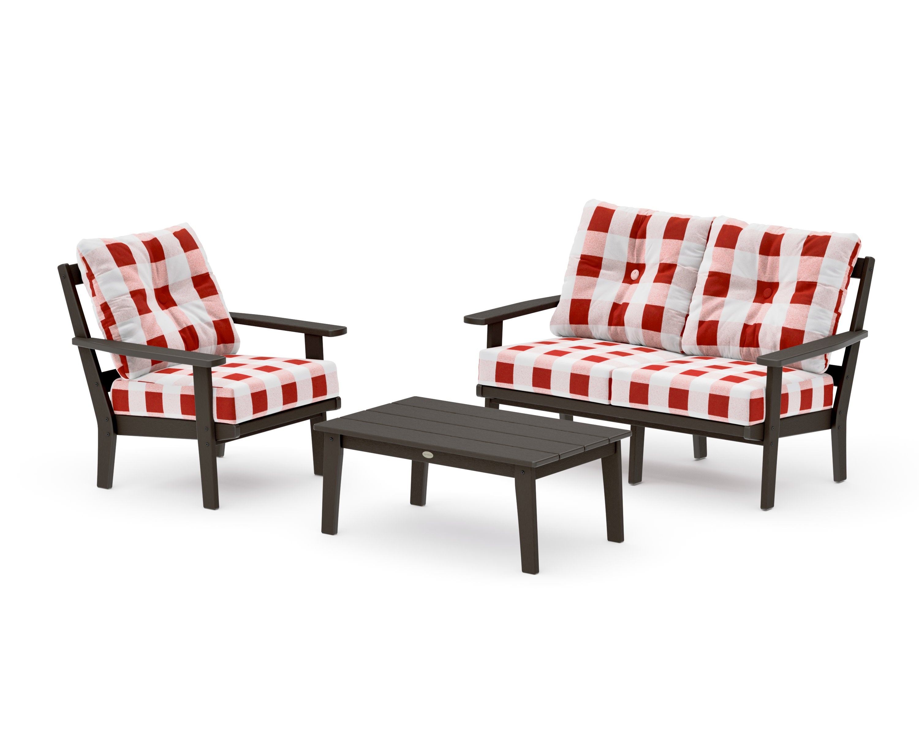Prairie 3-Piece Deep Seating Set with Loveseat in Vintage Coffee / Buffalo Plaid Crimson