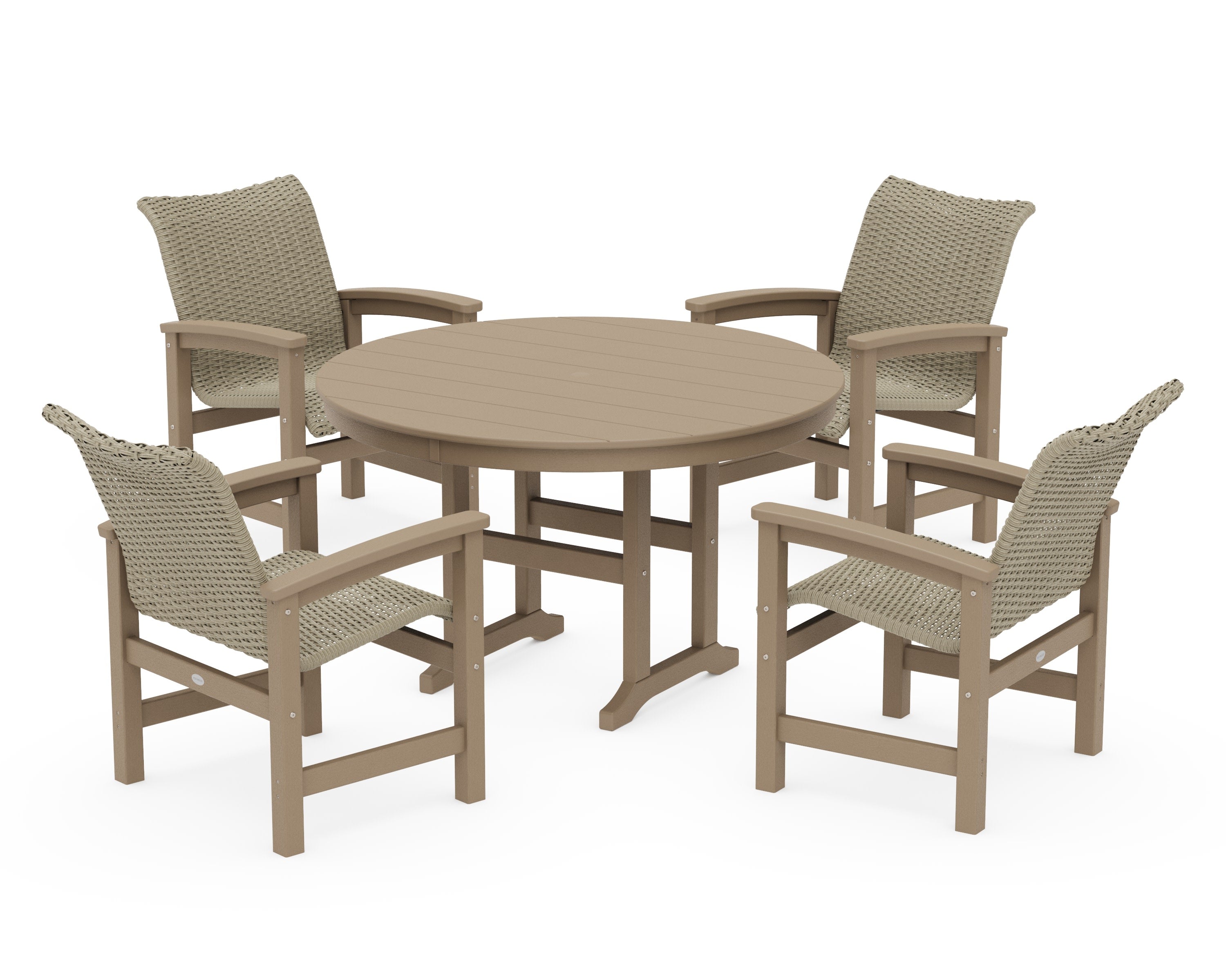Coastal Woven 5-Piece Round Farmhouse Dining Set in Vintage Sahara / Dune Grass