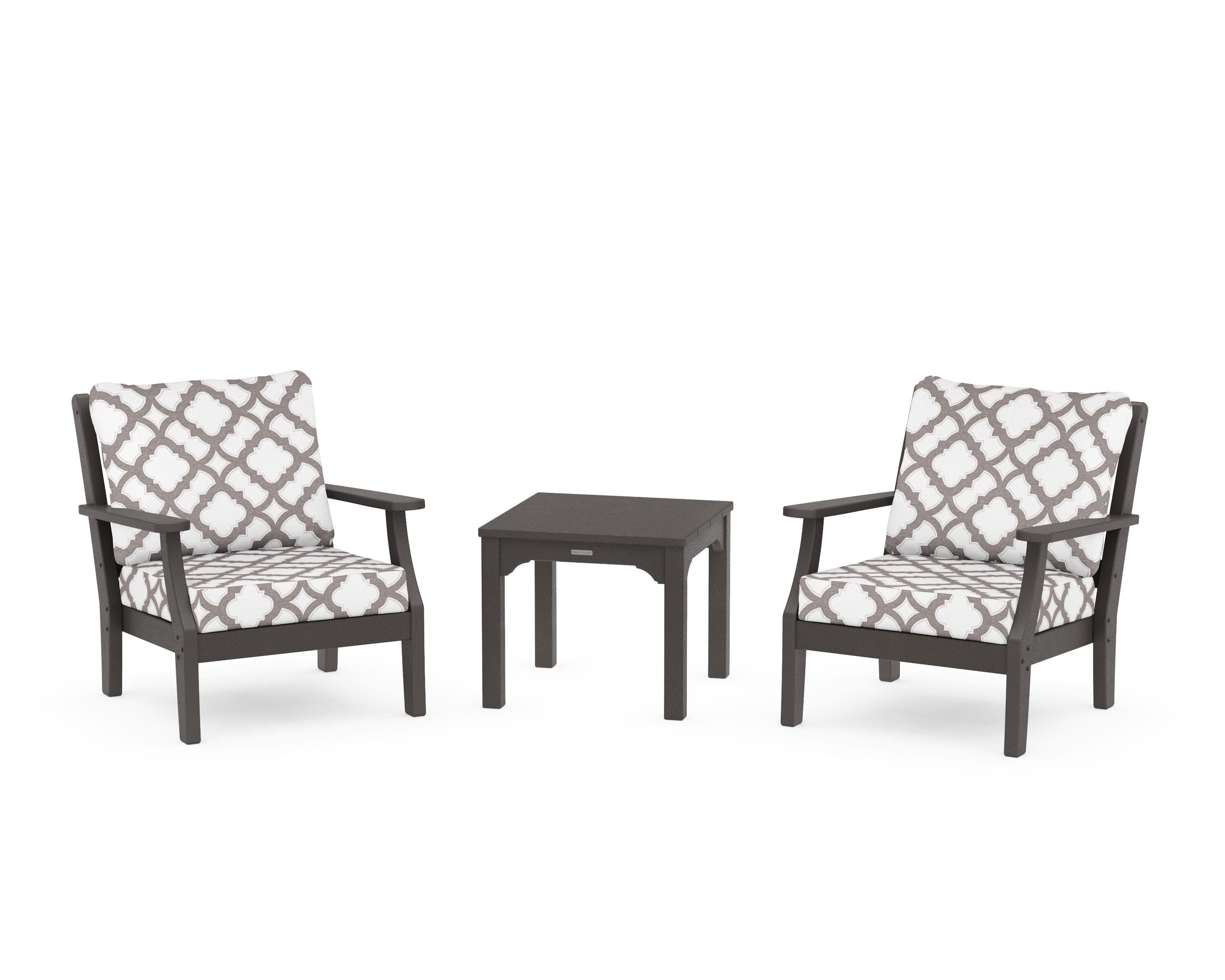 Chinoiserie 3-Piece Deep Seating Set in Vintage Coffee / Trellis Grey Mist
