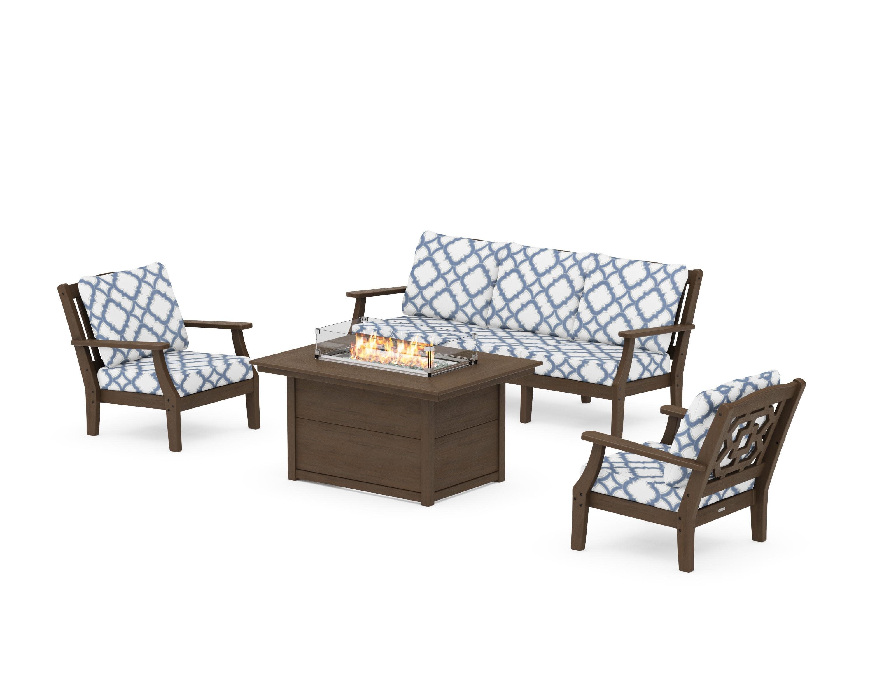 Chinoiserie Deep Seating Fire Pit Table Set in Kona / Trellis Sky Blue