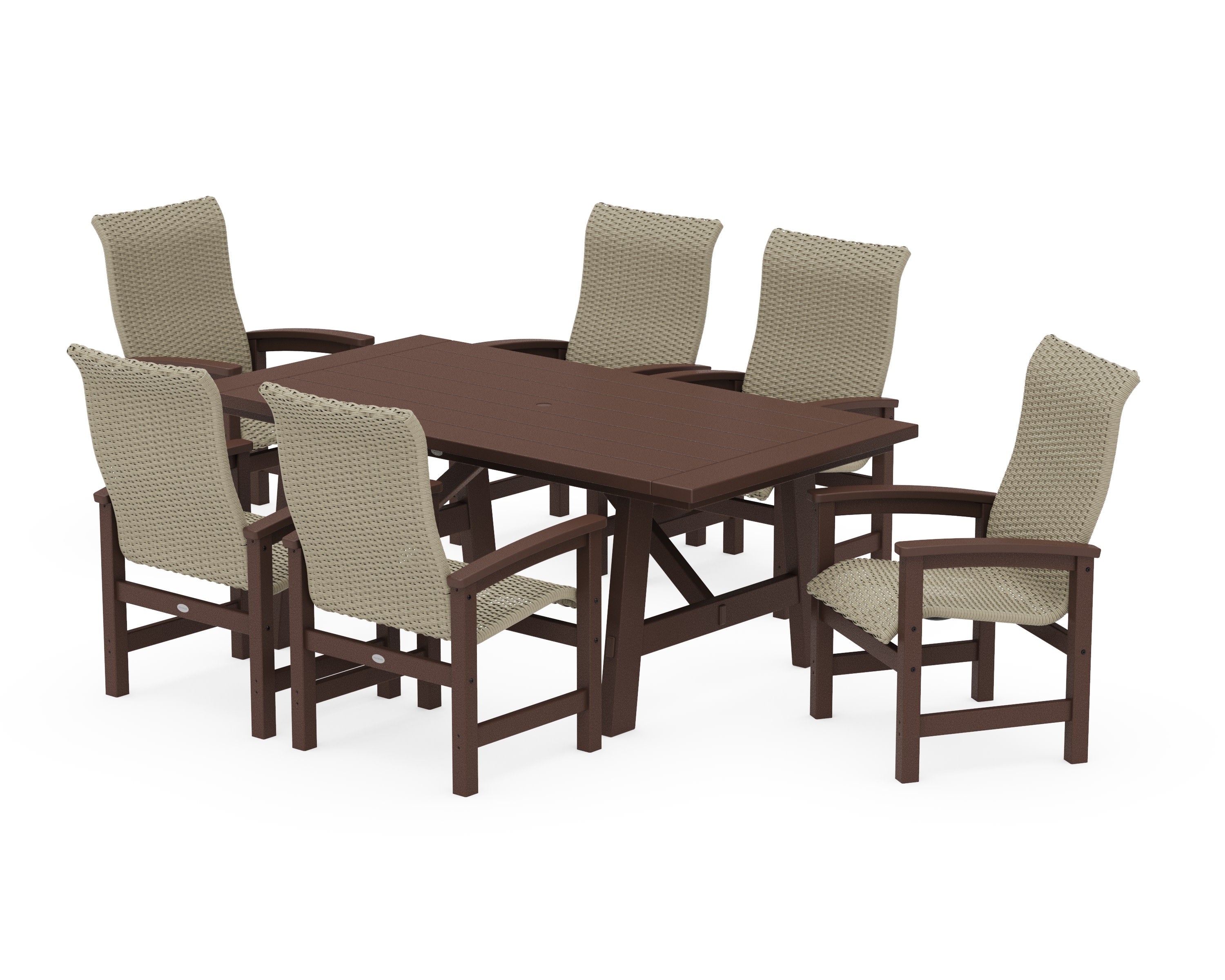 Coastal Woven High-Back Arm Chair 7-Piece Rustic Farmhouse Dining Set in Mahogany / Dune Grass