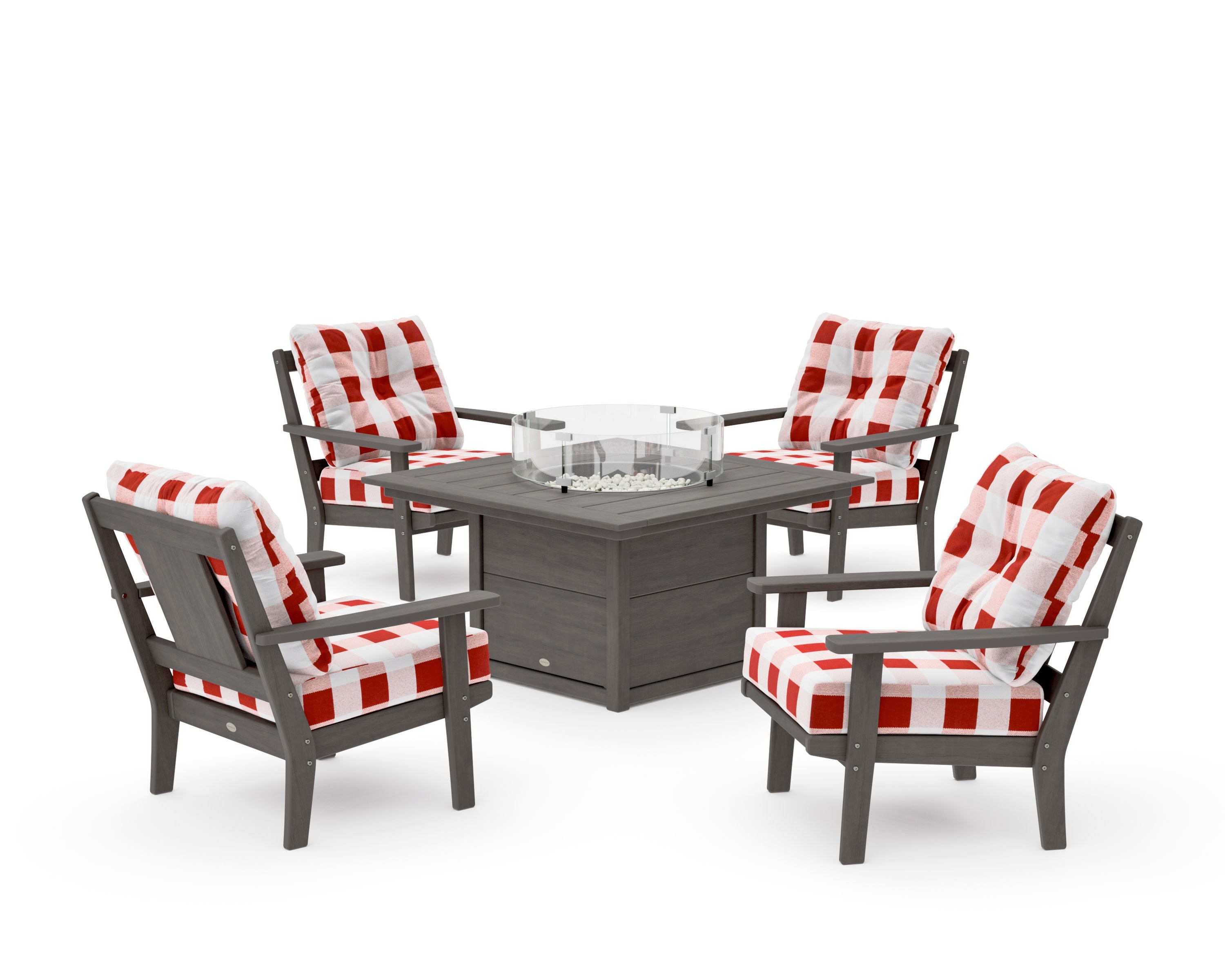Prairie 5-Piece Deep Seating Set with Fire Pit Table in Driftwood / Buffalo Plaid Crimson