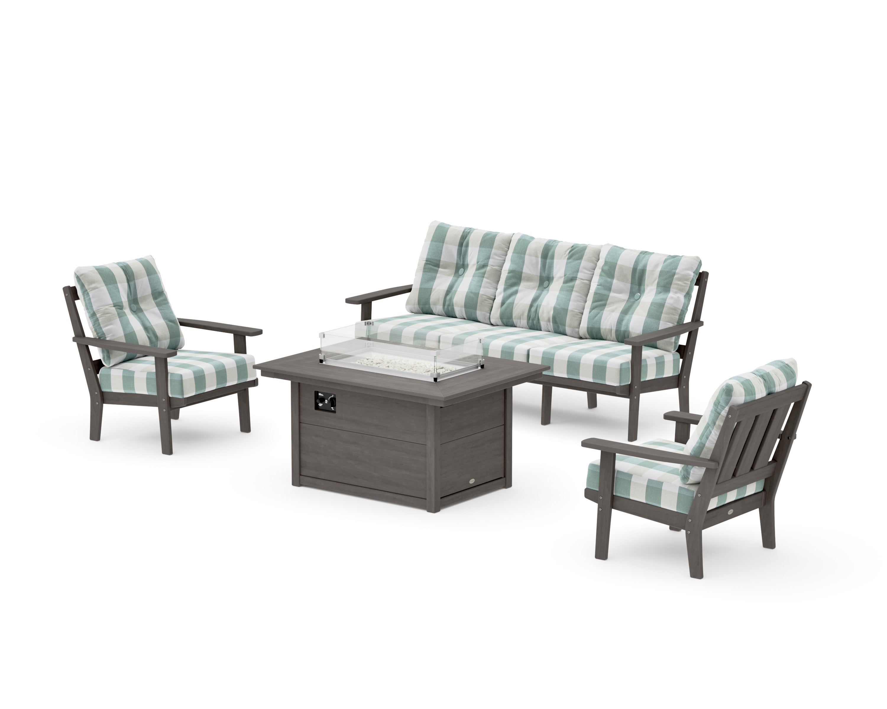 Oxford Deep Seating Fire Pit Table Set in Driftwood / Buffalo Plaid Glacier Spa