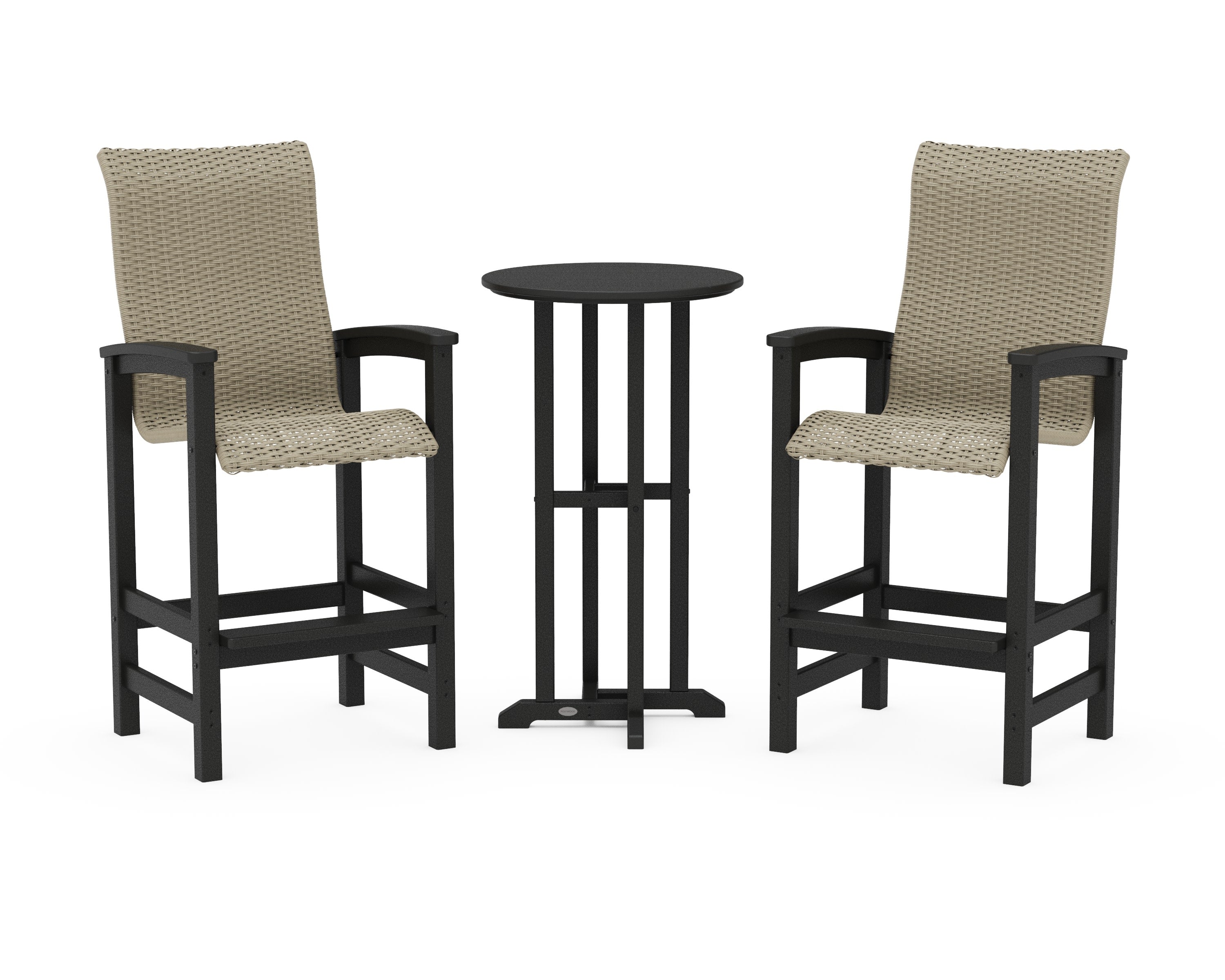 Coastal Woven High-Back 3-Piece Farmhouse Bar Set in Black / Dune Grass