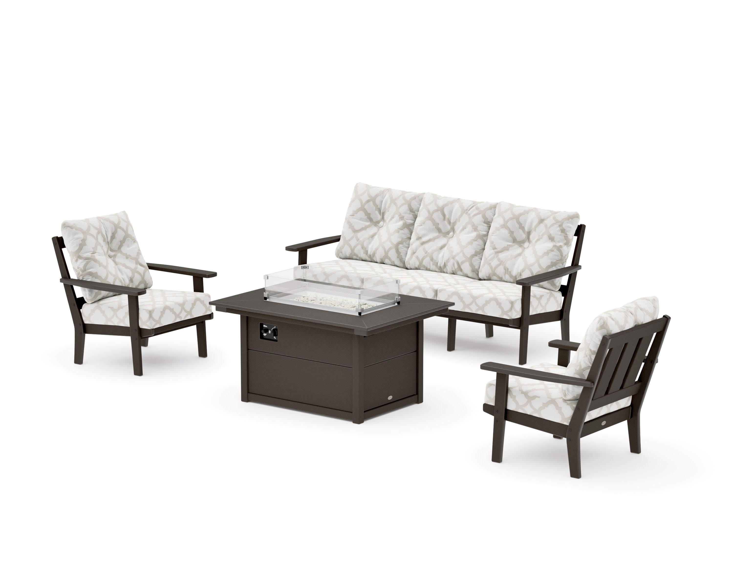 Oxford Deep Seating Fire Pit Table Set in Vintage Coffee / Trellis Dune Burlap