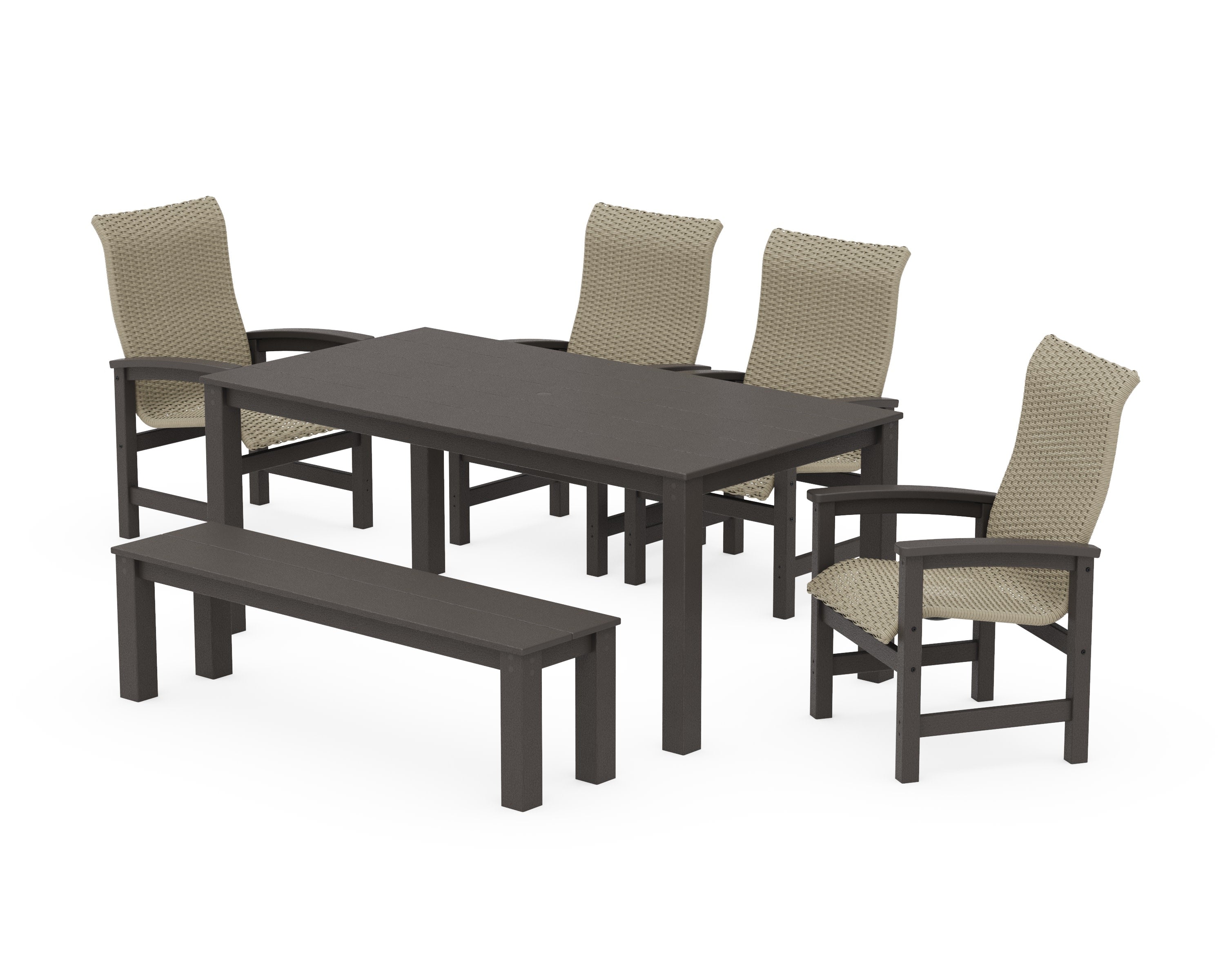 Coastal Woven High-Back 6-Piece Parsons Dining Set with Bench in Vintage Coffee / Dune Grass