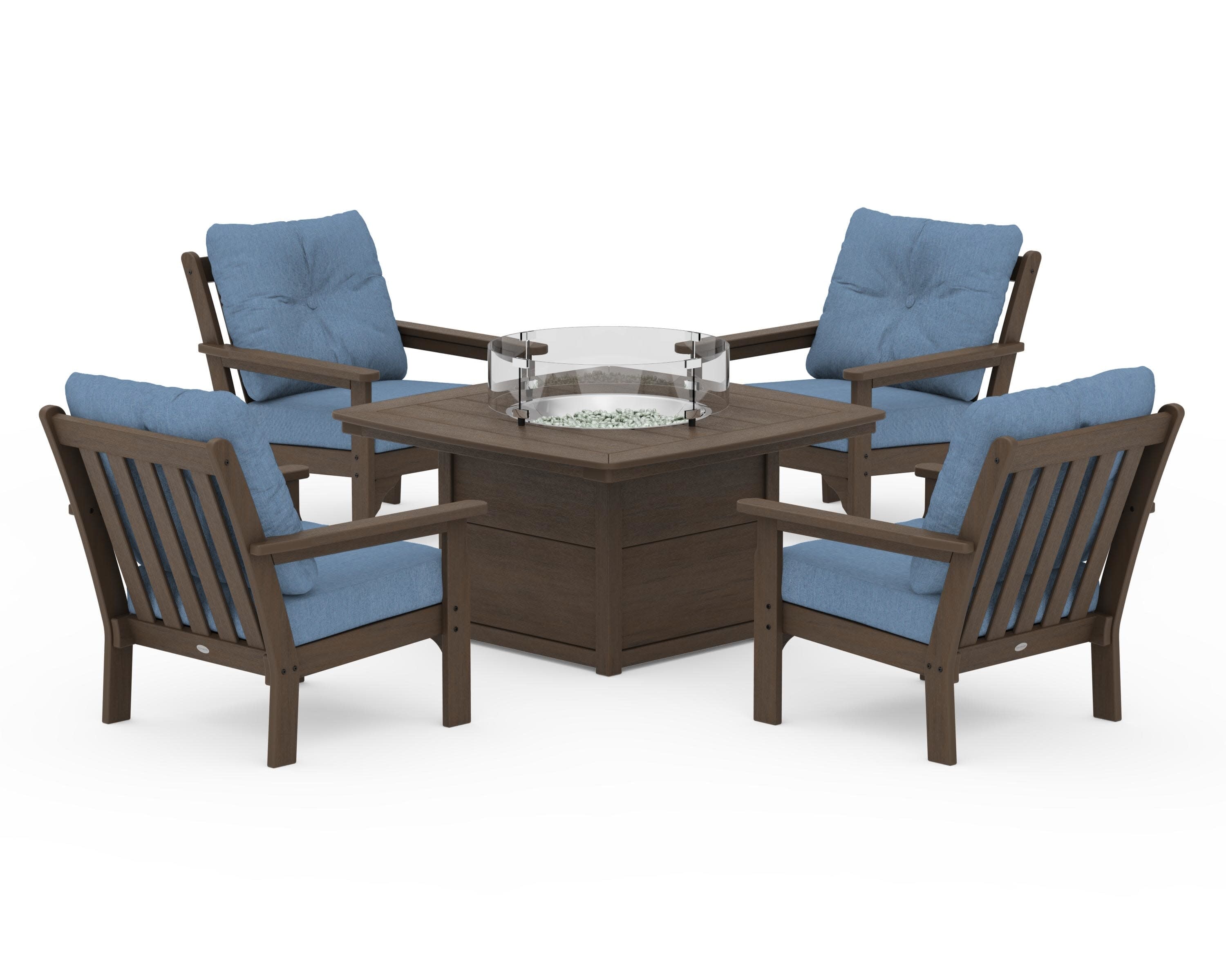 Vineyard 5-Piece Conversation Set with Fire Pit Table in Kona / Sky Blue