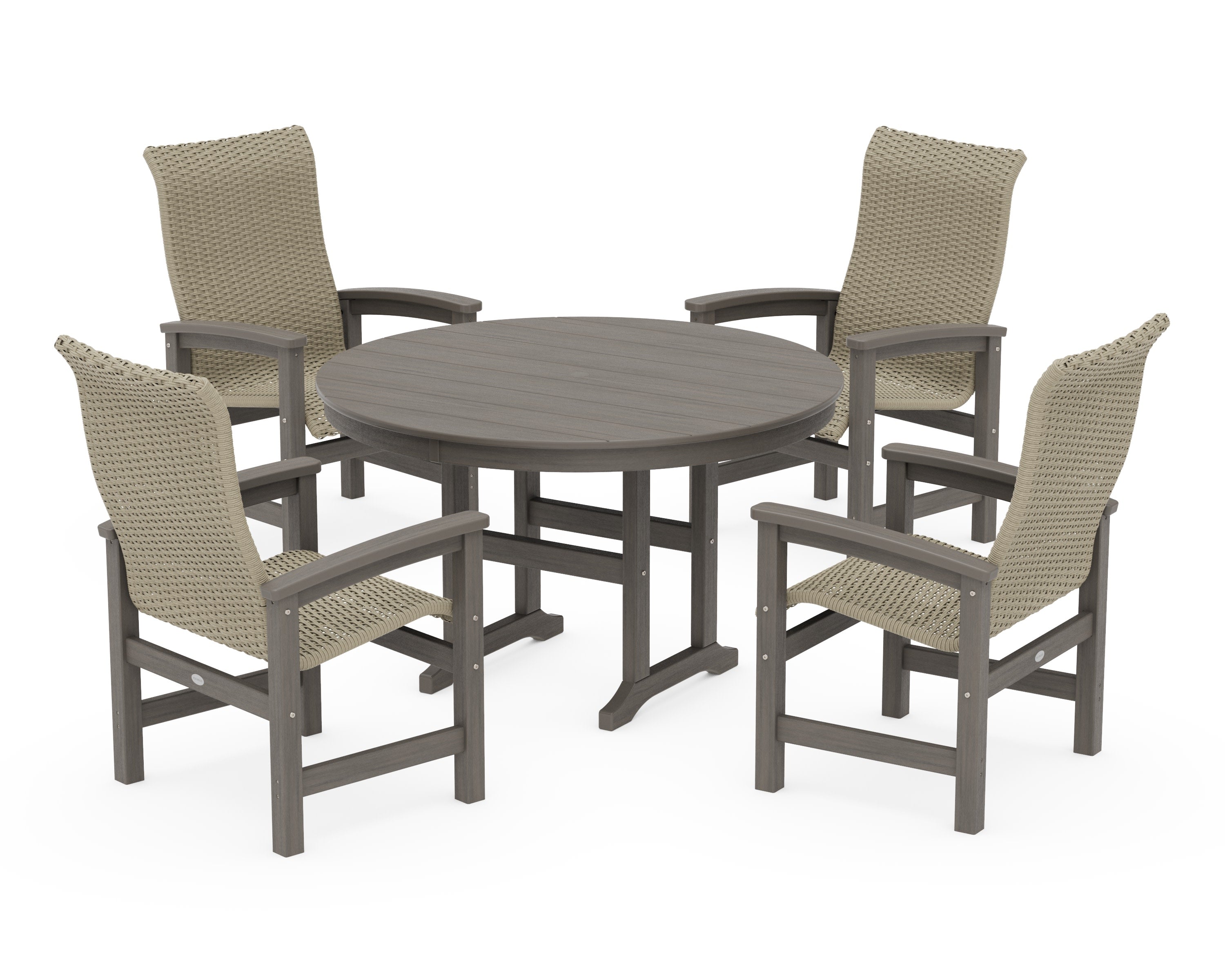 Coastal Woven High-Back 5-Piece Round Farmhouse Dining Set in Driftwood / Dune Grass