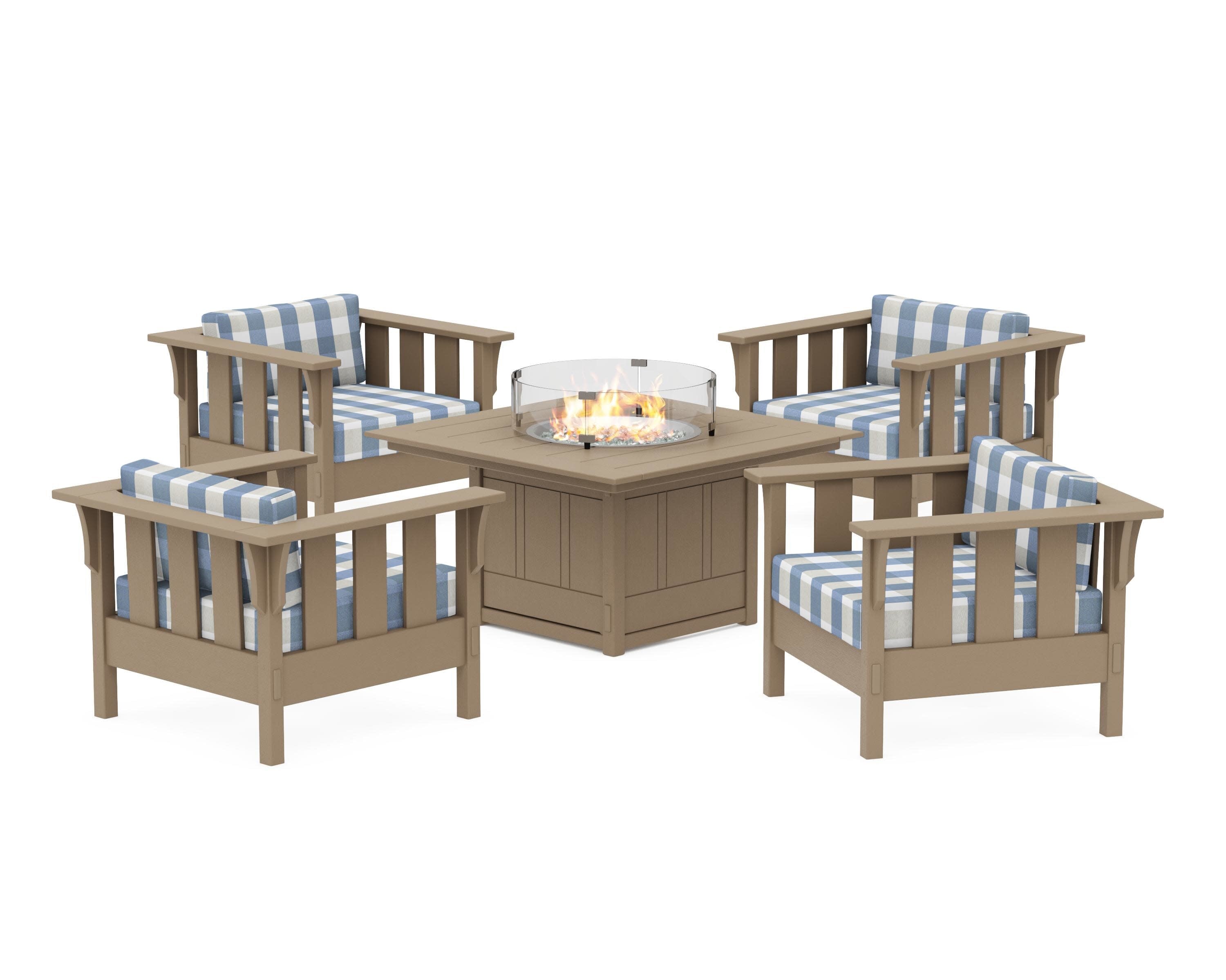 Acadia 5-Piece Deep Seating Set with Fire Pit Table in Vintage Sahara / Buffalo Plaid Sky Blue