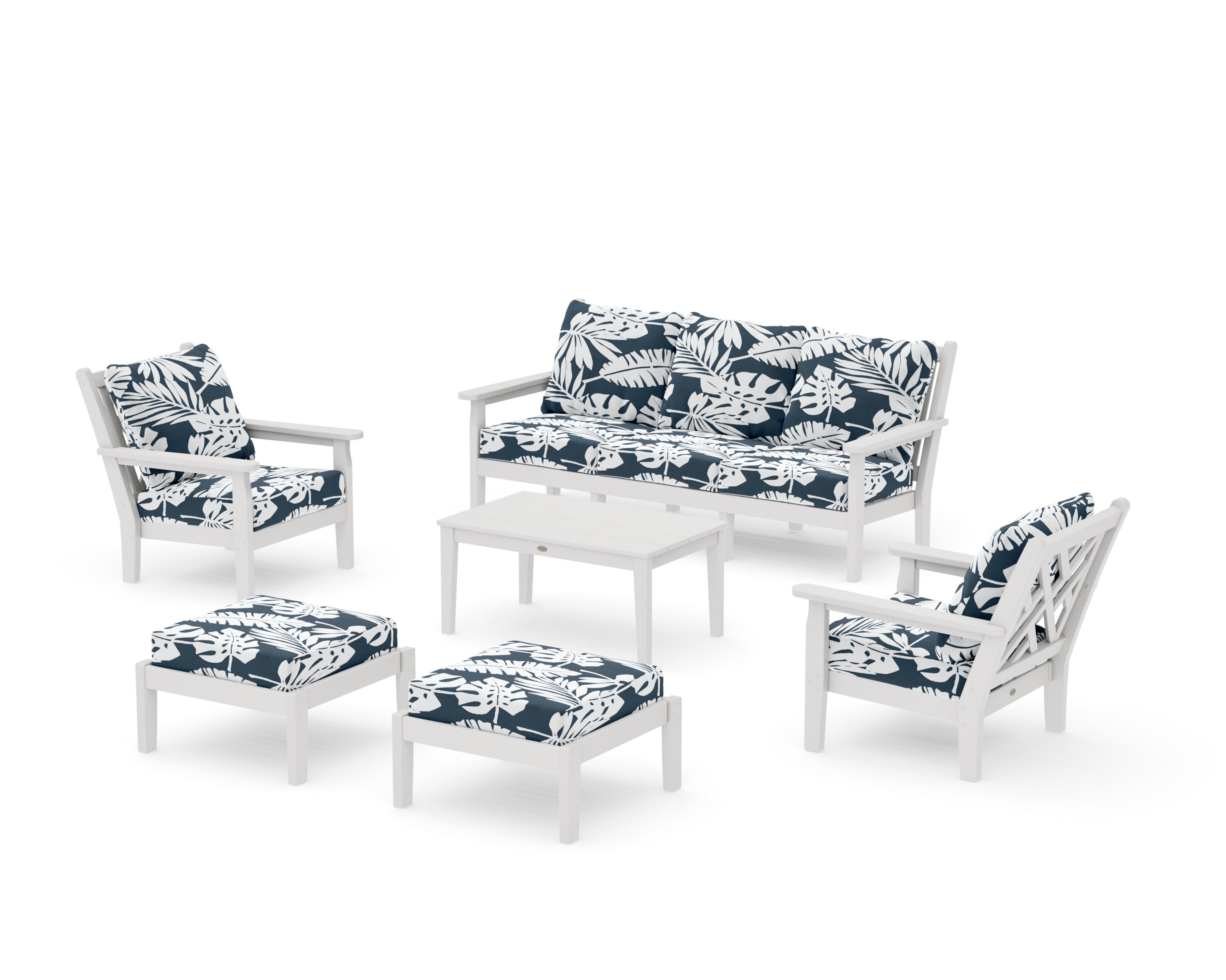 Chippendale 6-Piece Lounge Sofa Set in Vintage White / Leaf Marine Indigo