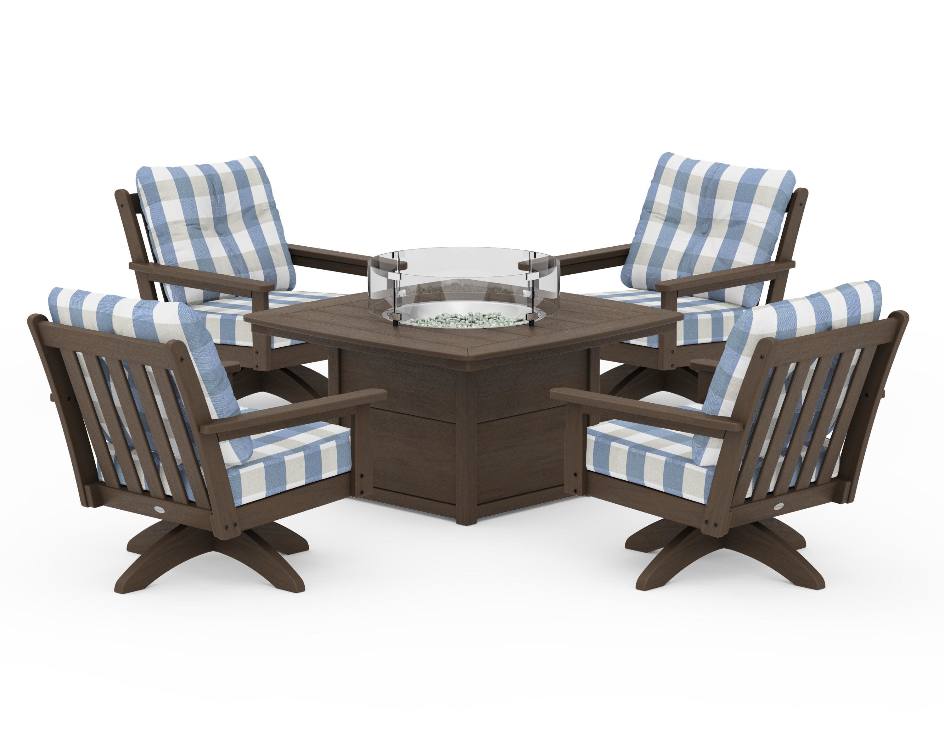 Vineyard 5-Piece Deep Seating Swivel Conversation Set with Fire Pit Table in Kona / Buffalo Plaid Sky Blue