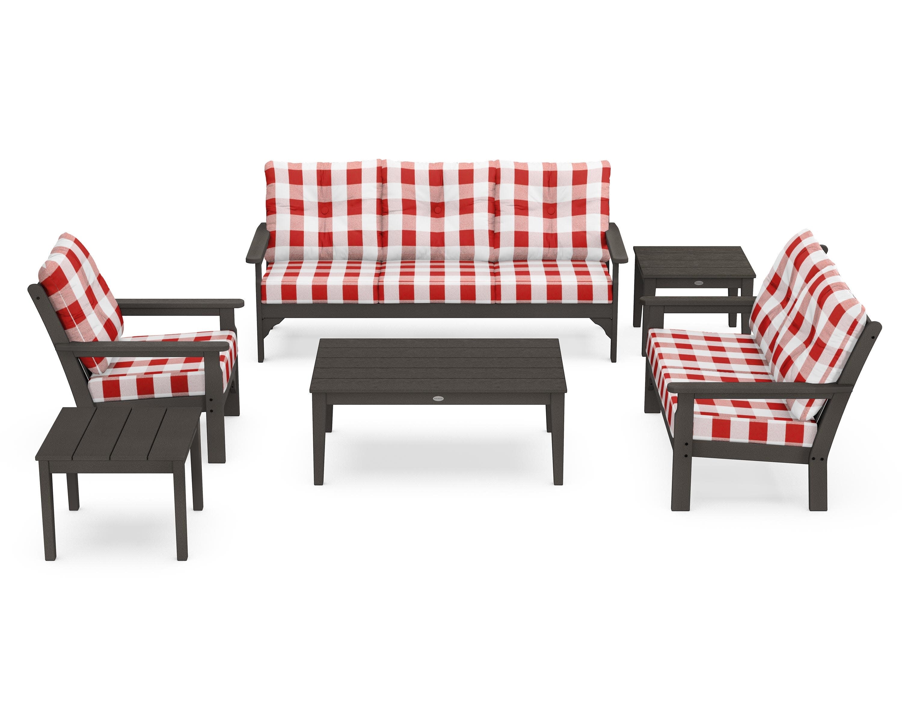 Vineyard 6-Piece Deep Seating Set in Vintage Coffee / Buffalo Plaid Crimson