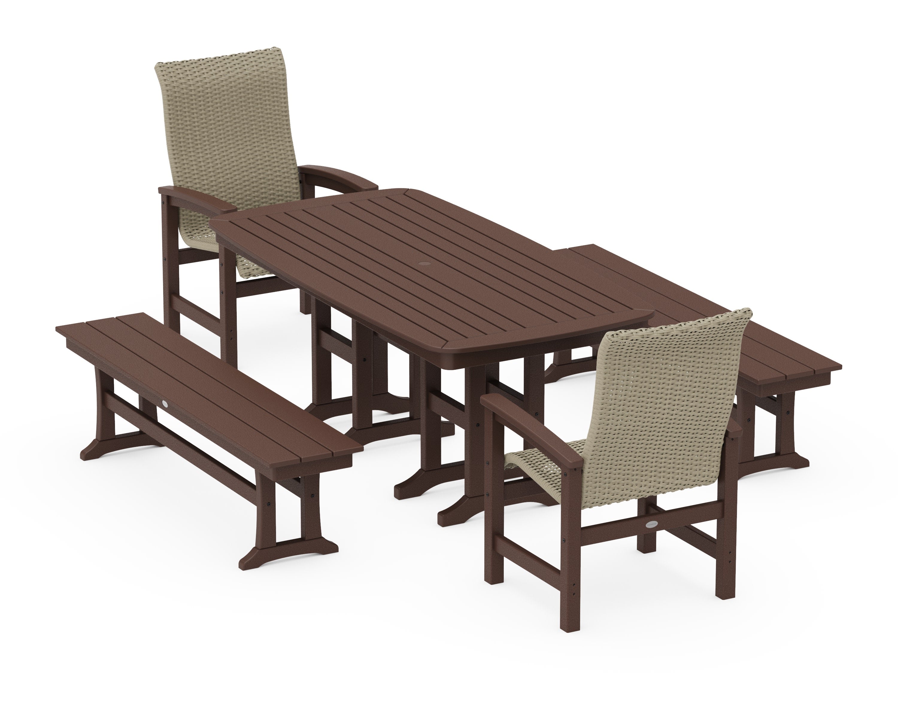 Coastal Woven High-Back 5-Piece Dining Set with Benches in Mahogany / Dune Grass
