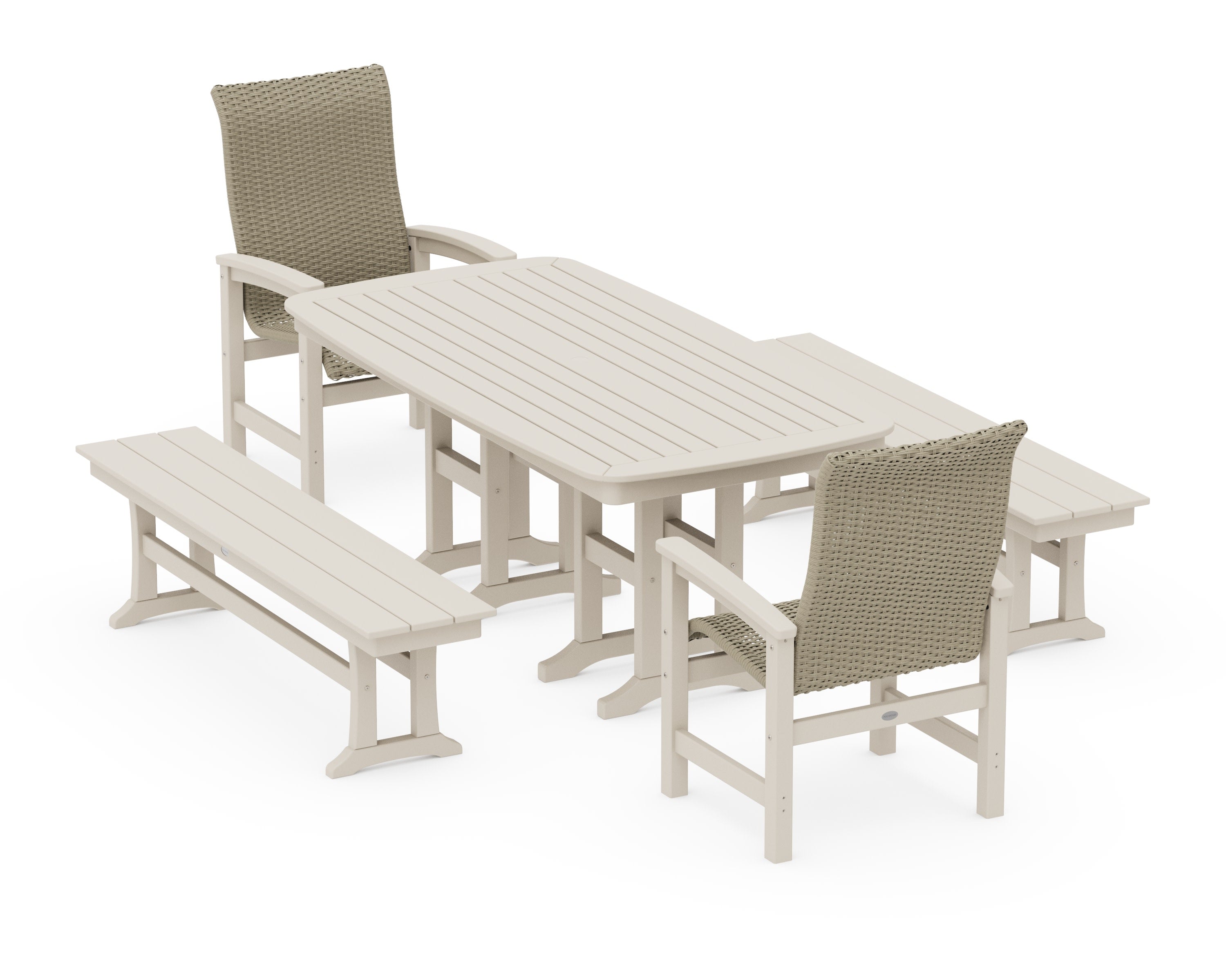 Coastal Woven High-Back 5-Piece Dining Set with Benches in Sand / Dune Grass