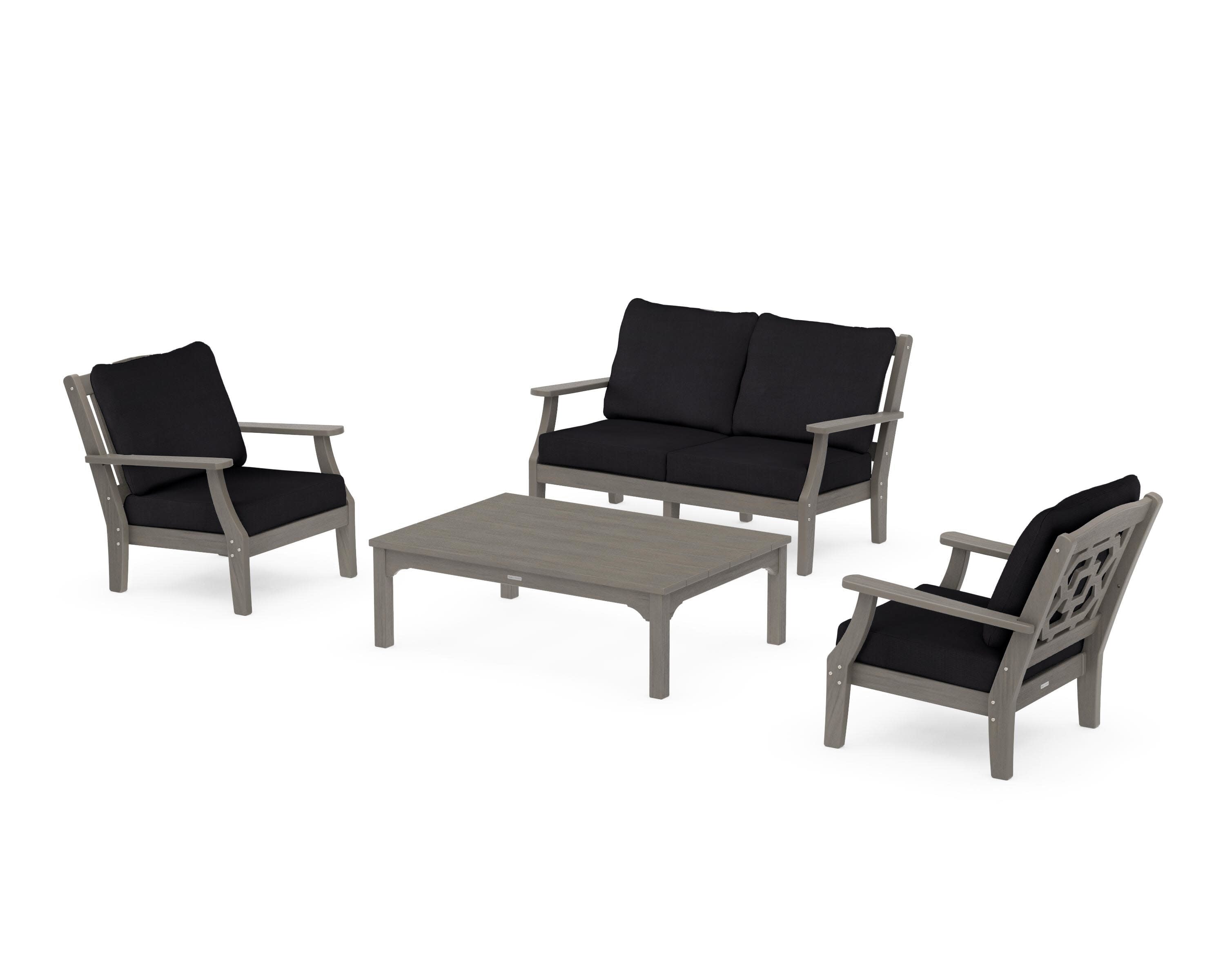 Chinoiserie 4-Piece Deep Seating Set with Loveseat in Driftwood / Midnight Linen