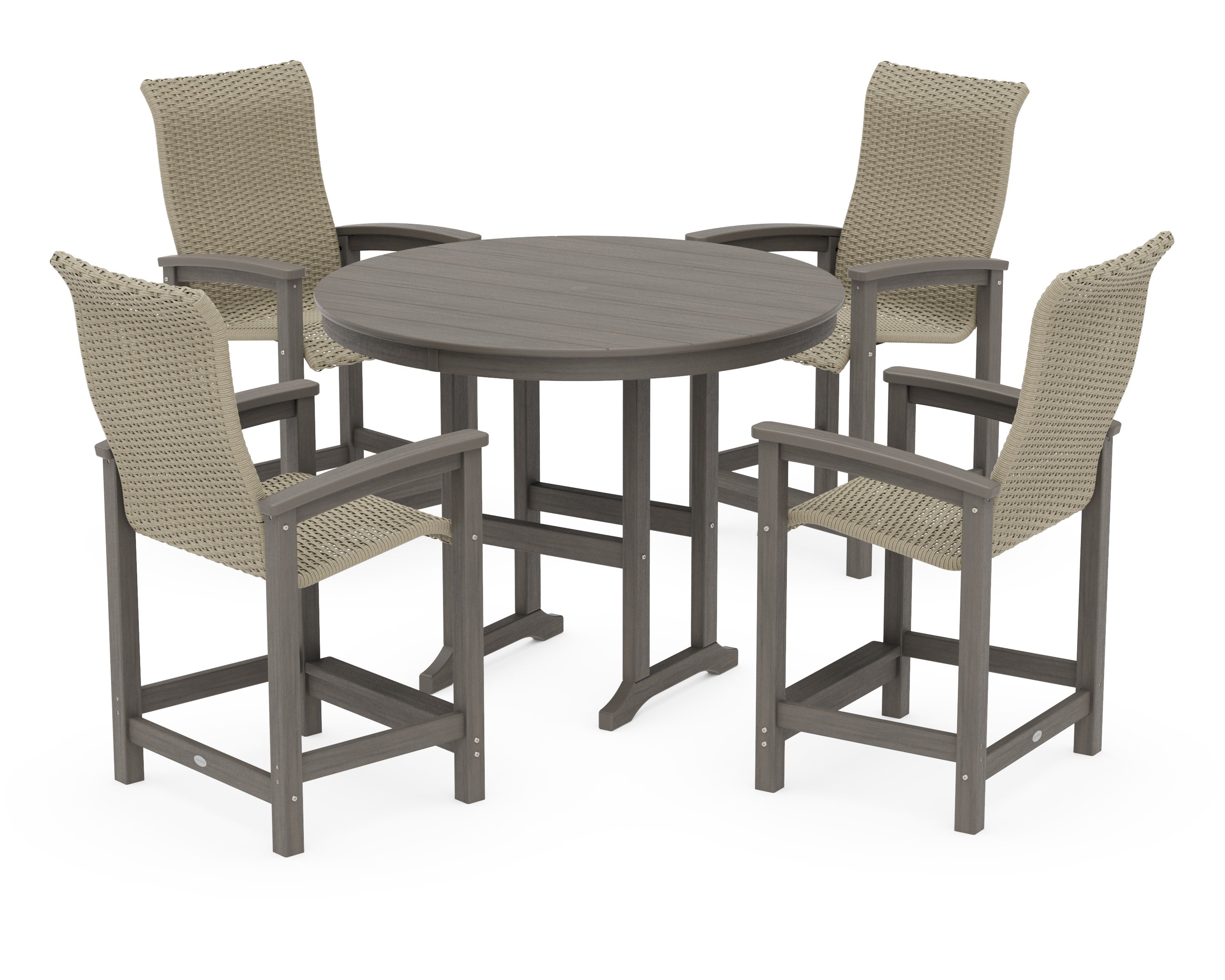 Coastal Woven High-Back 5-Piece Round Farmhouse Counter Set in Driftwood / Dune Grass
