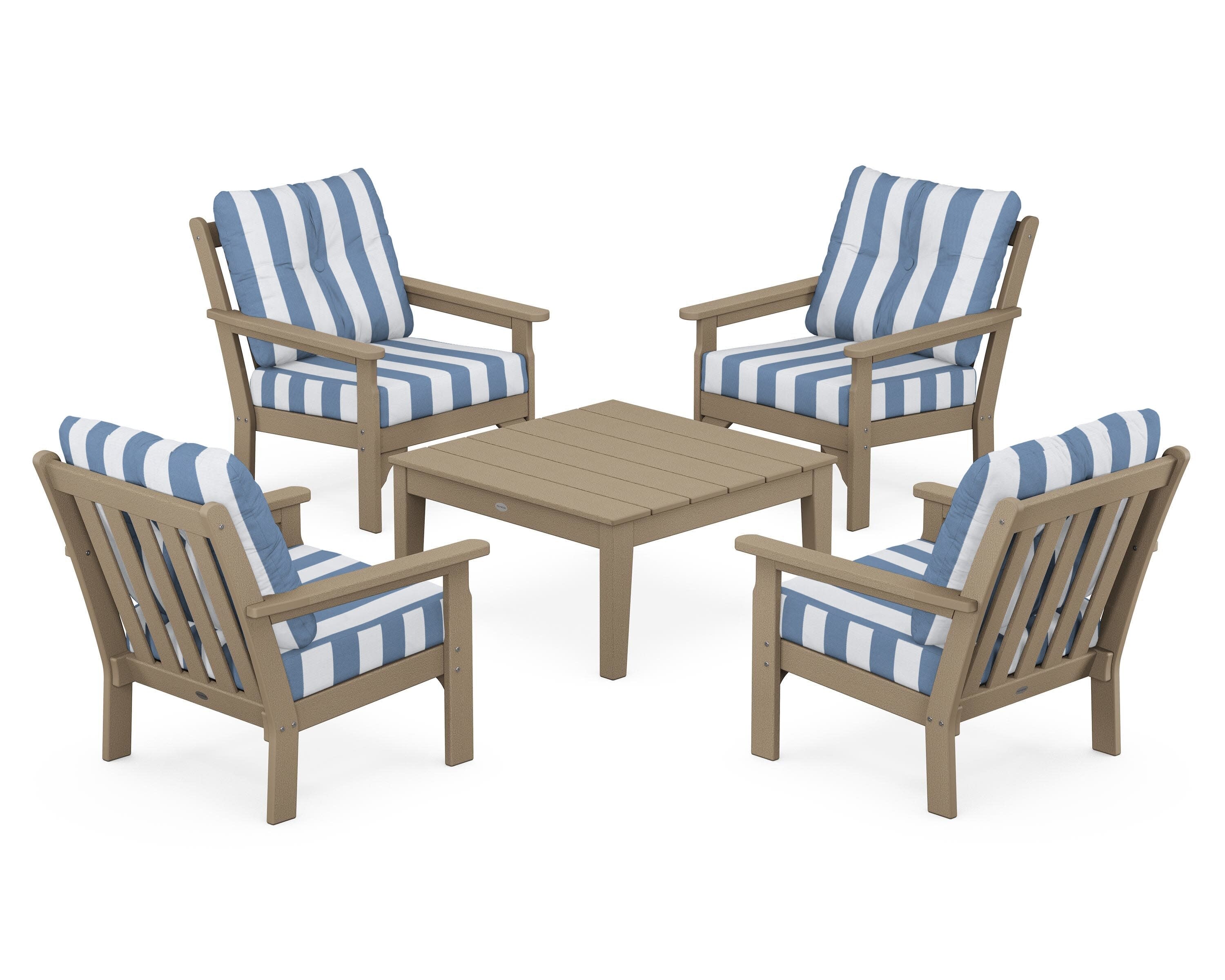 Vineyard 5-Piece Deep Seating Conversation Set in Vintage Sahara / Cabana Stripe Sky Blue