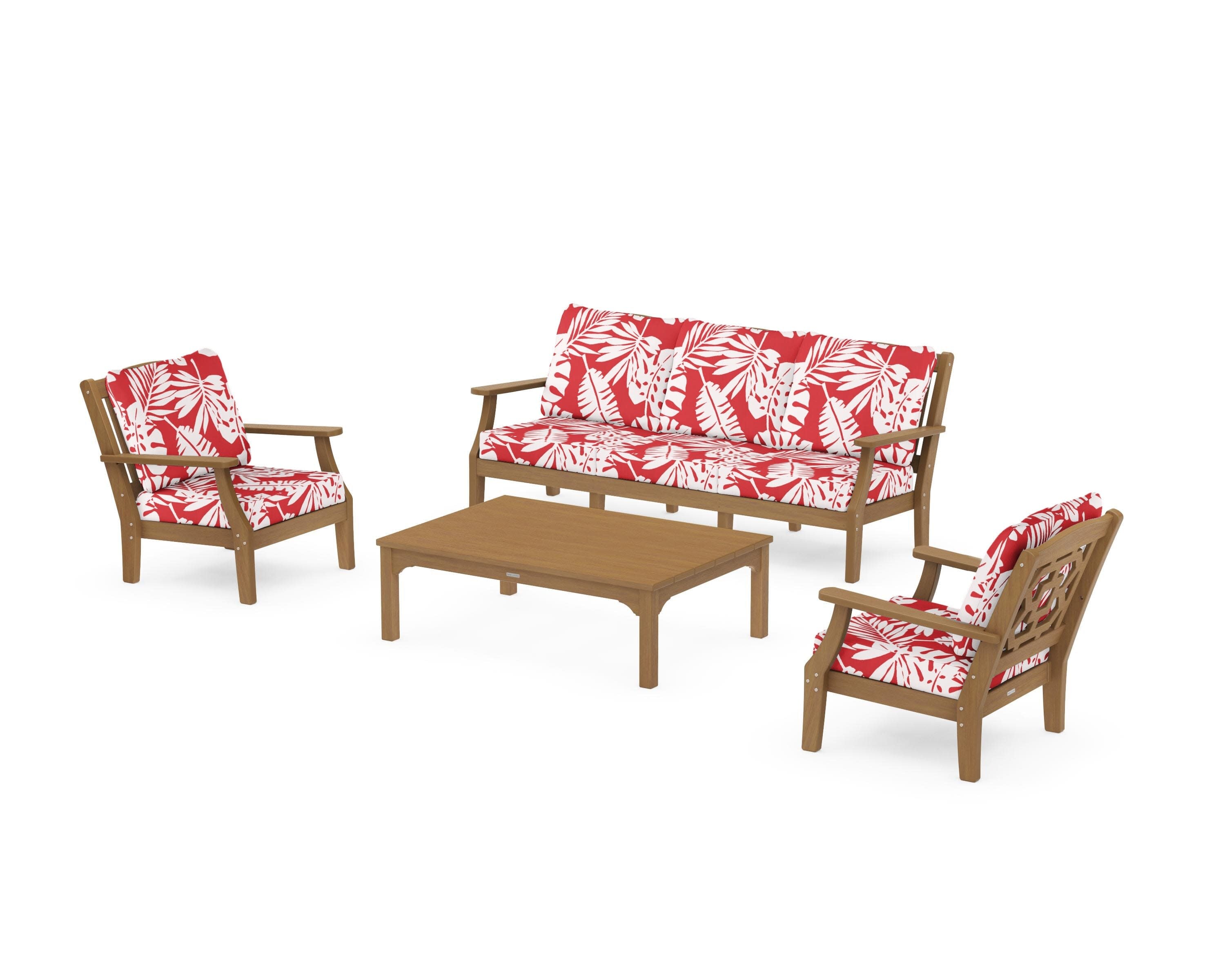 Chinoiserie 4-Piece Deep Seating Set with Sofa in Natural / Leaf Crimson