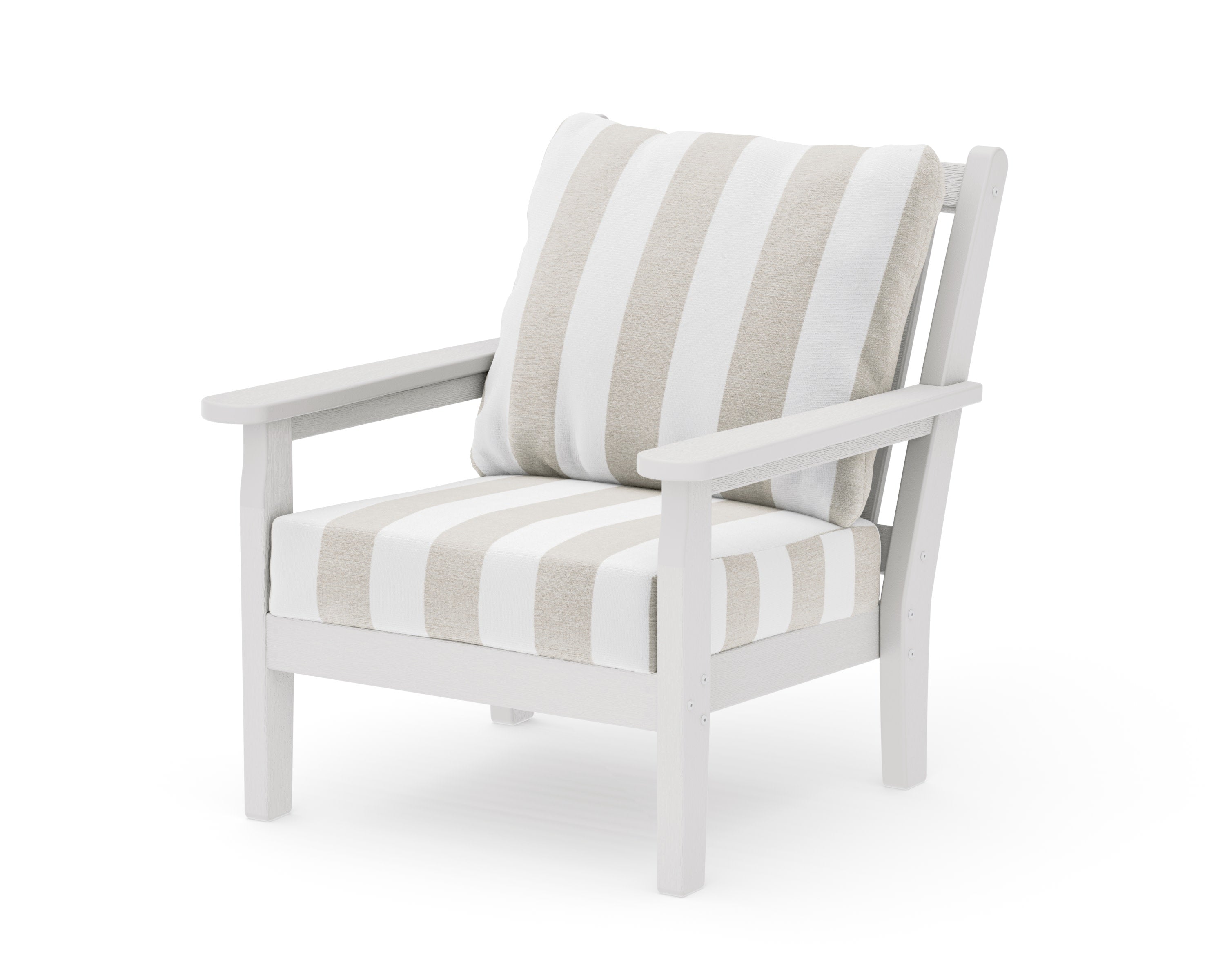 Chippendale Deep Seating Chair in Vintage White / Cabana Stripe Dune Burlap