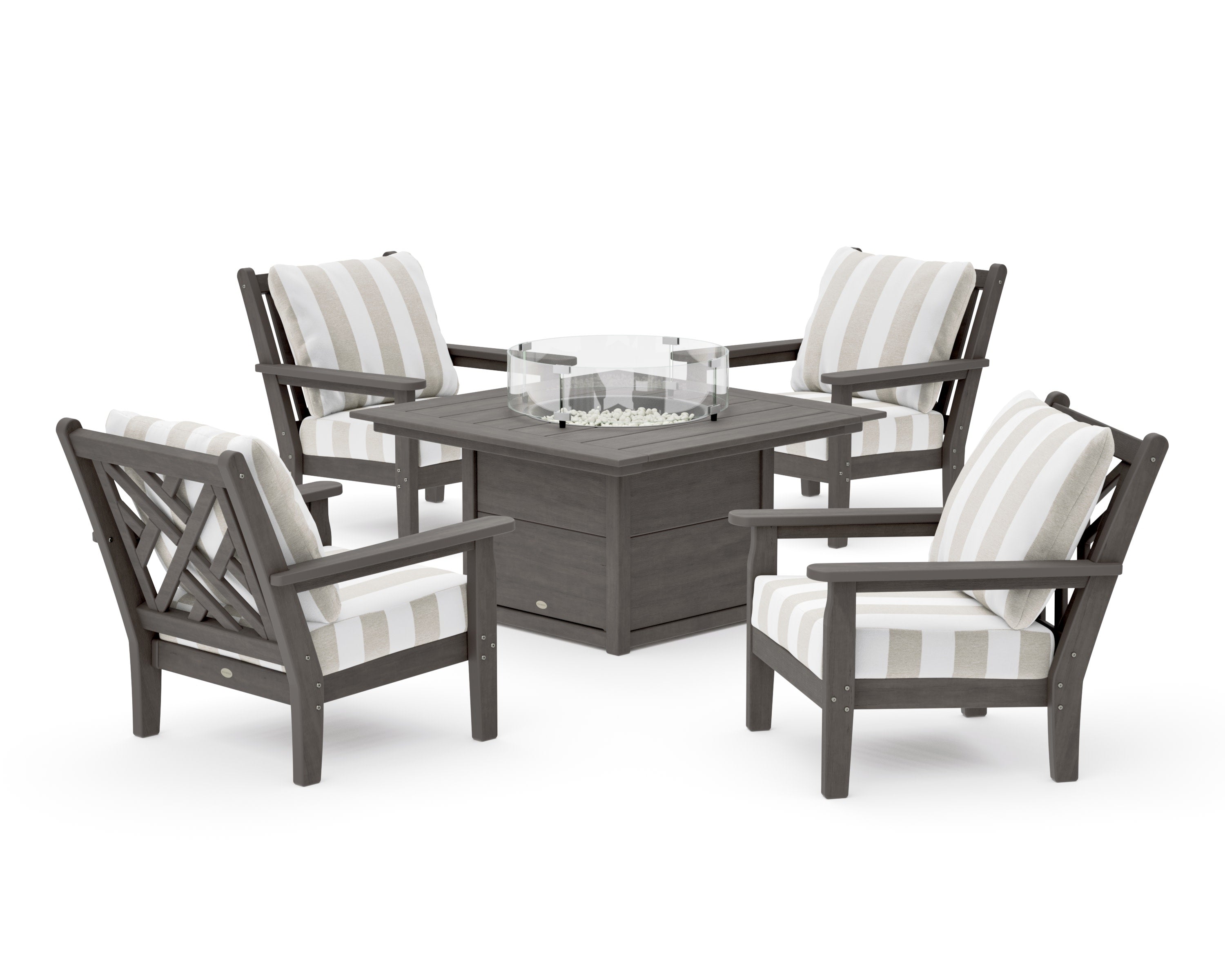 Chippendale 5-Piece Deep Seating Set with Fire Pit Table in Driftwood / Cabana Stripe Dune Burlap