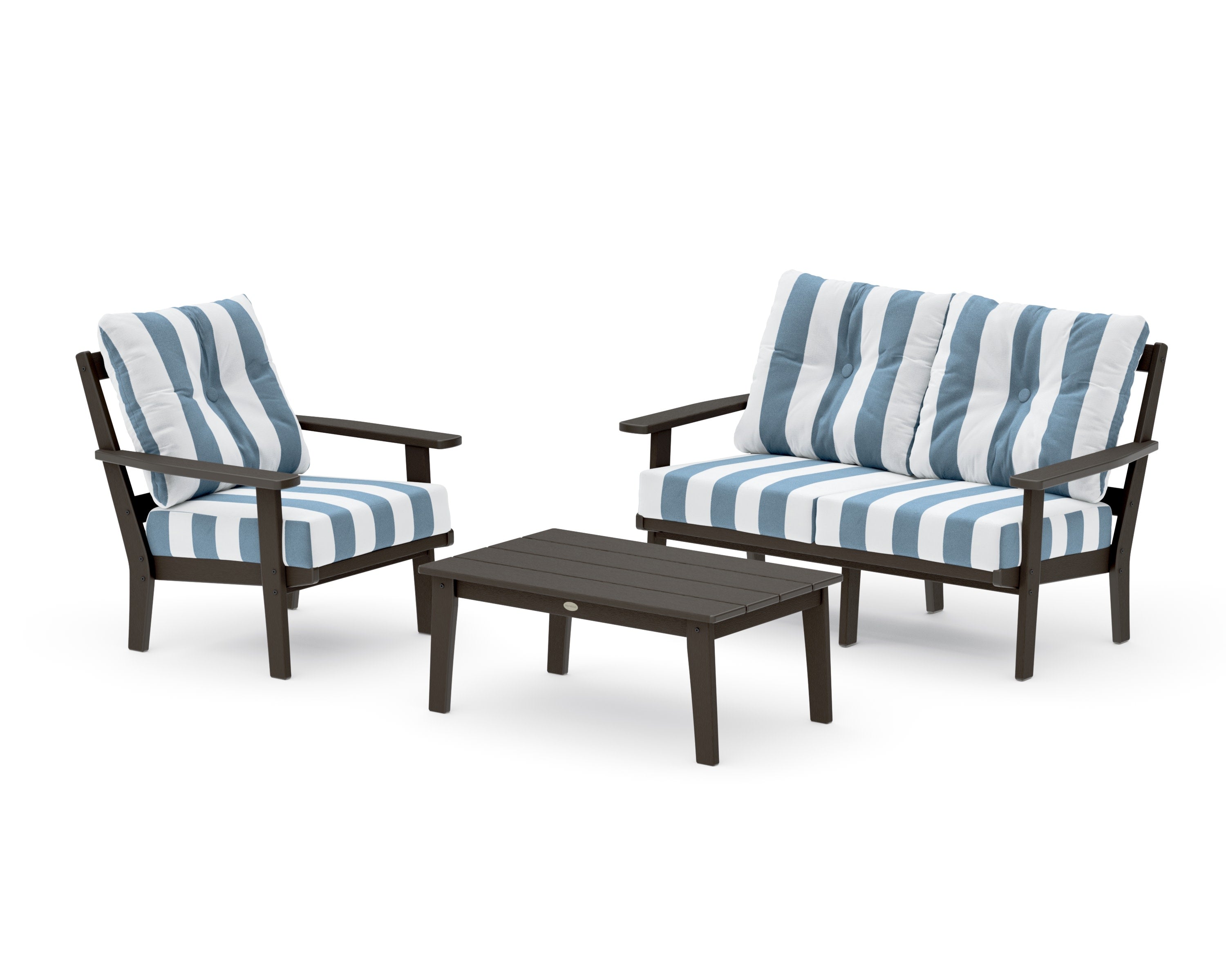 Oxford 3-Piece Deep Seating Set with Loveseat in Vintage Coffee / Cabana Stripe Sky Blue