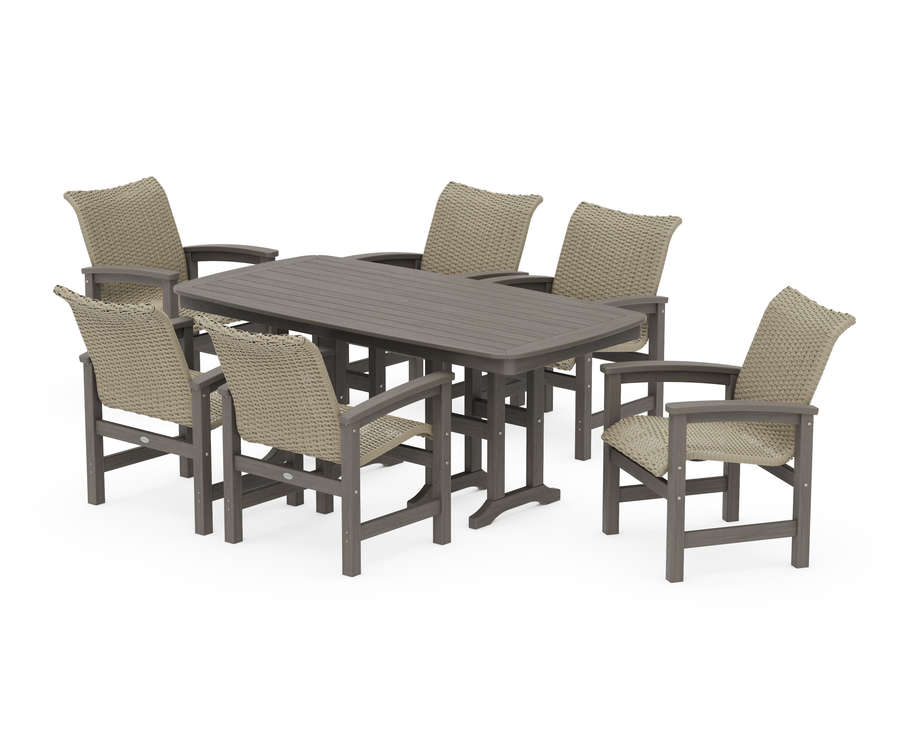 Coastal Woven Arm Chair 7-Piece Dining Set in Driftwood / Dune Grass
