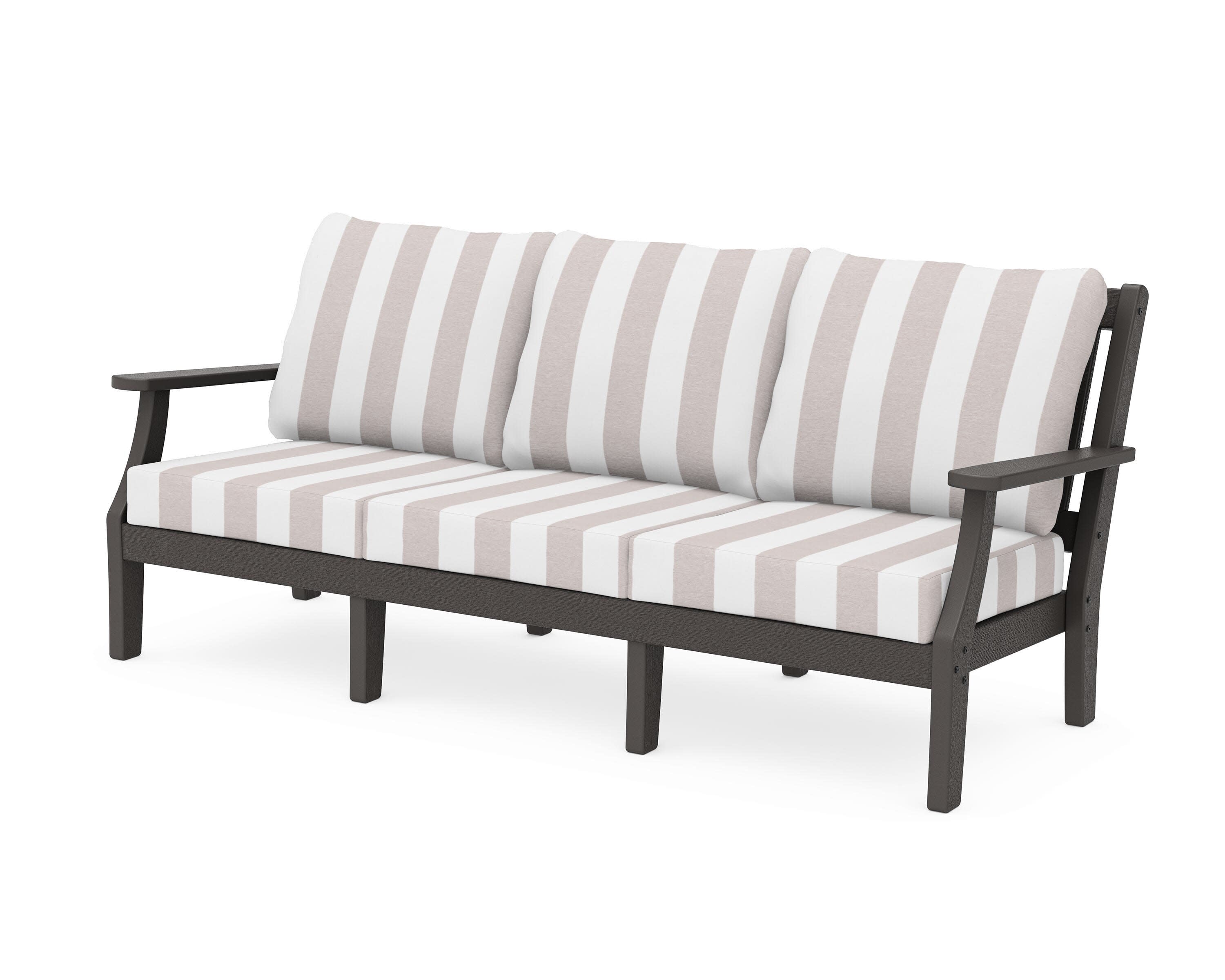 Chinoiserie Deep Seating Sofa in Vintage Coffee / Cabana Stripe Dune Burlap