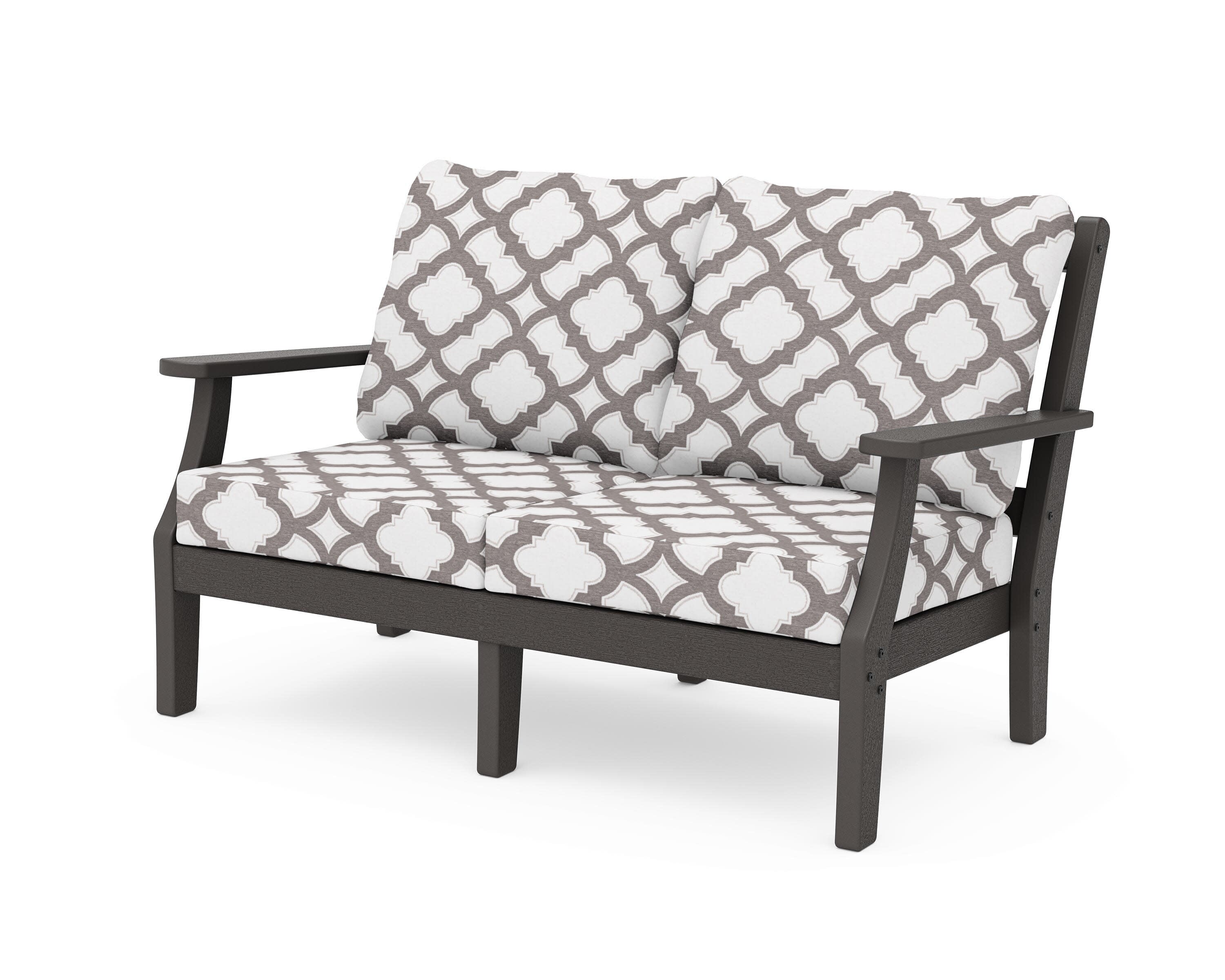 Chinoiserie Deep Seating Loveseat in Vintage Coffee / Trellis Grey Mist