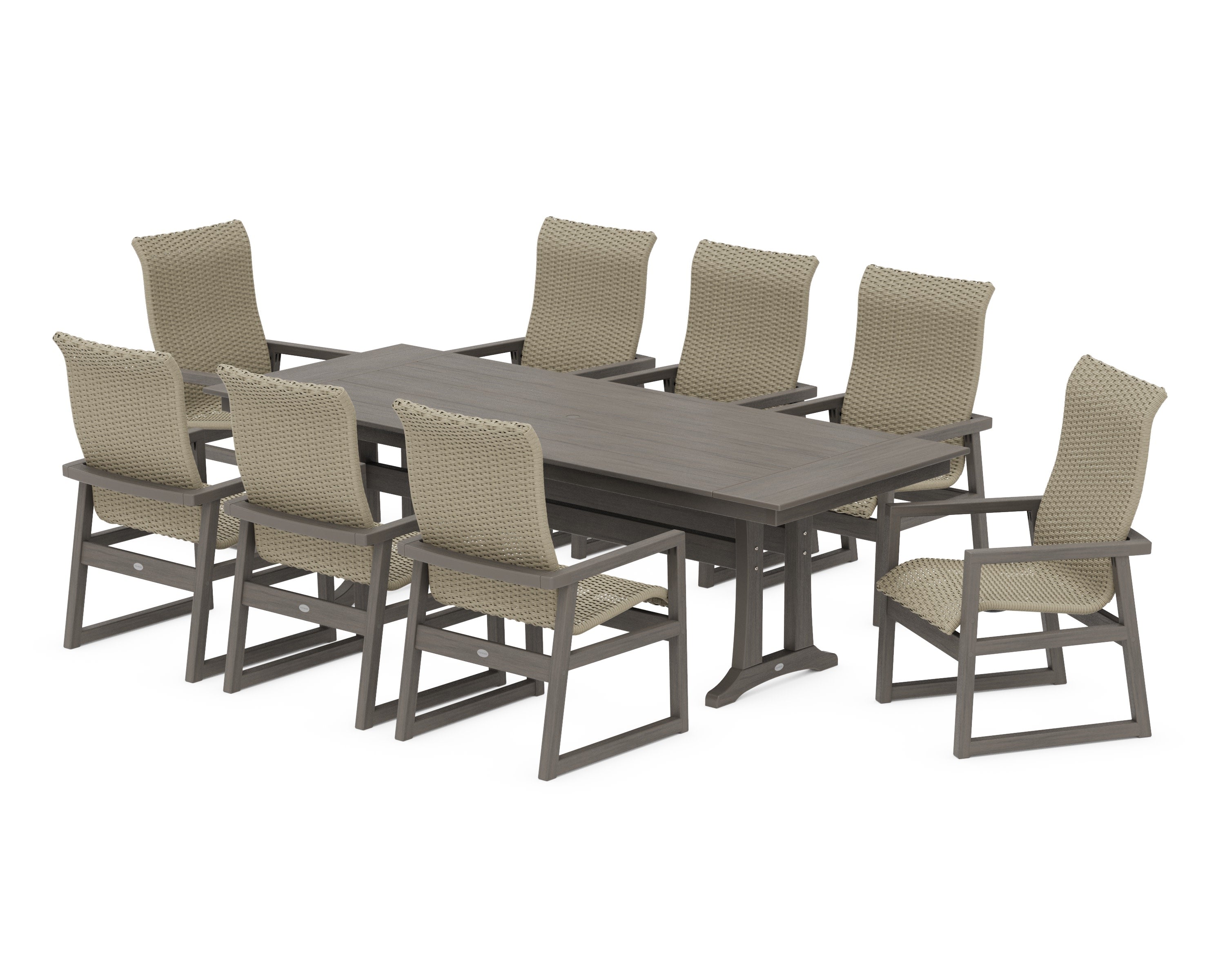 EDGE Woven Highback 9-Piece Farmhouse Dining Set with Trestle Legs in Driftwood / Dune Grass