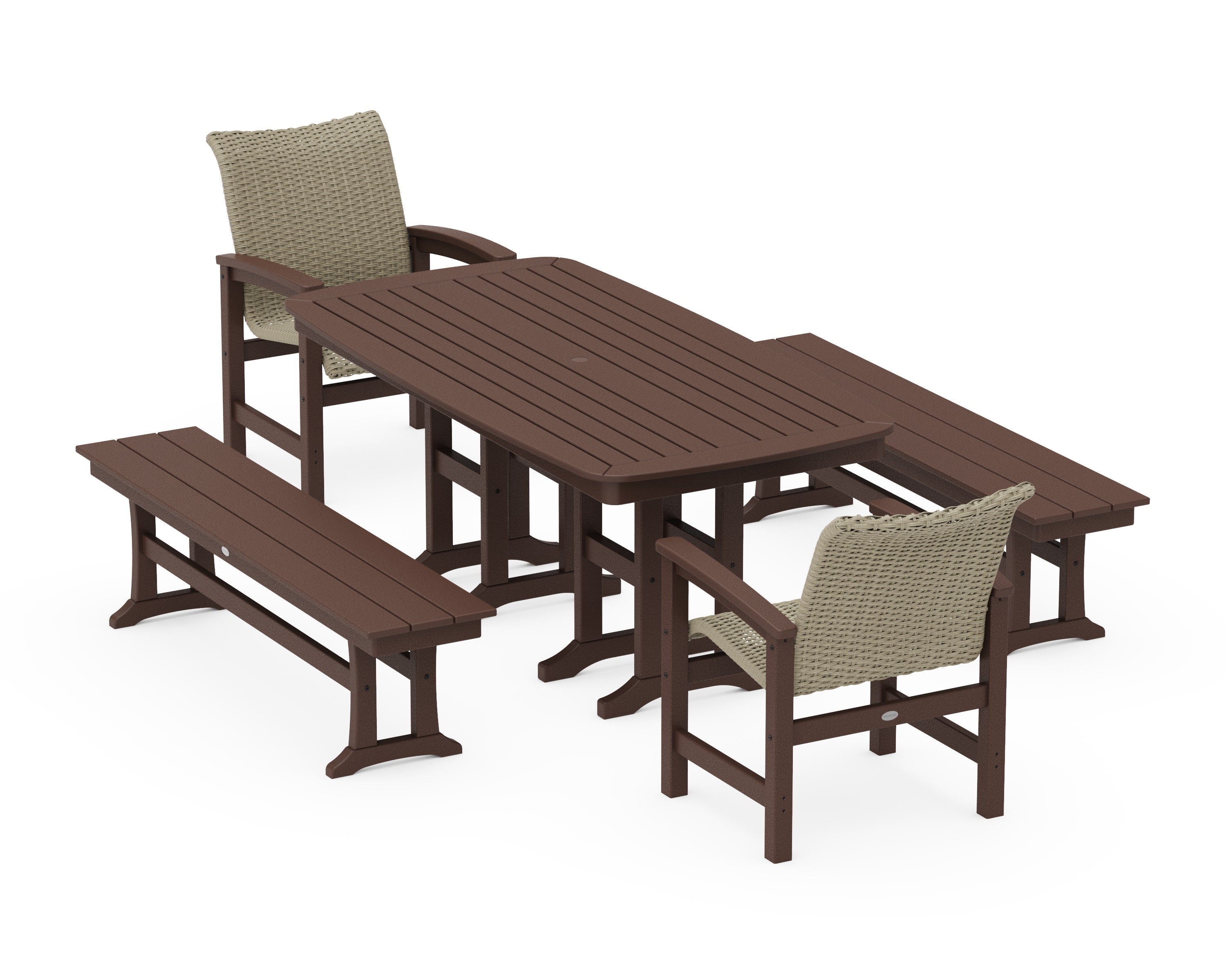 Coastal Woven 5-Piece Dining Set with Benches in Mahogany / Dune Grass