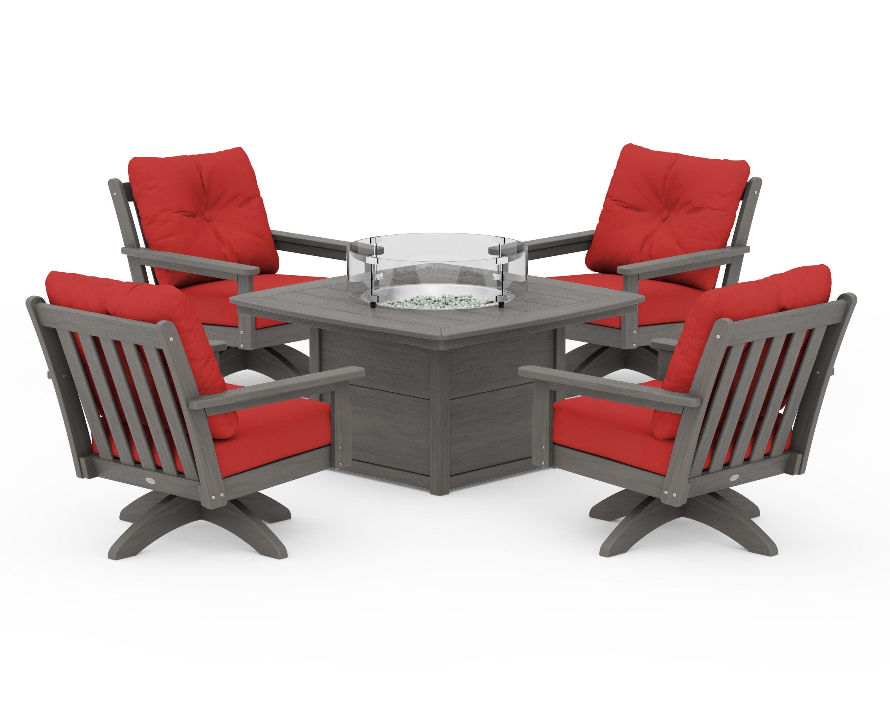 Vineyard 5-Piece Deep Seating Swivel Conversation Set with Fire Pit Table in Driftwood / Crimson Linen