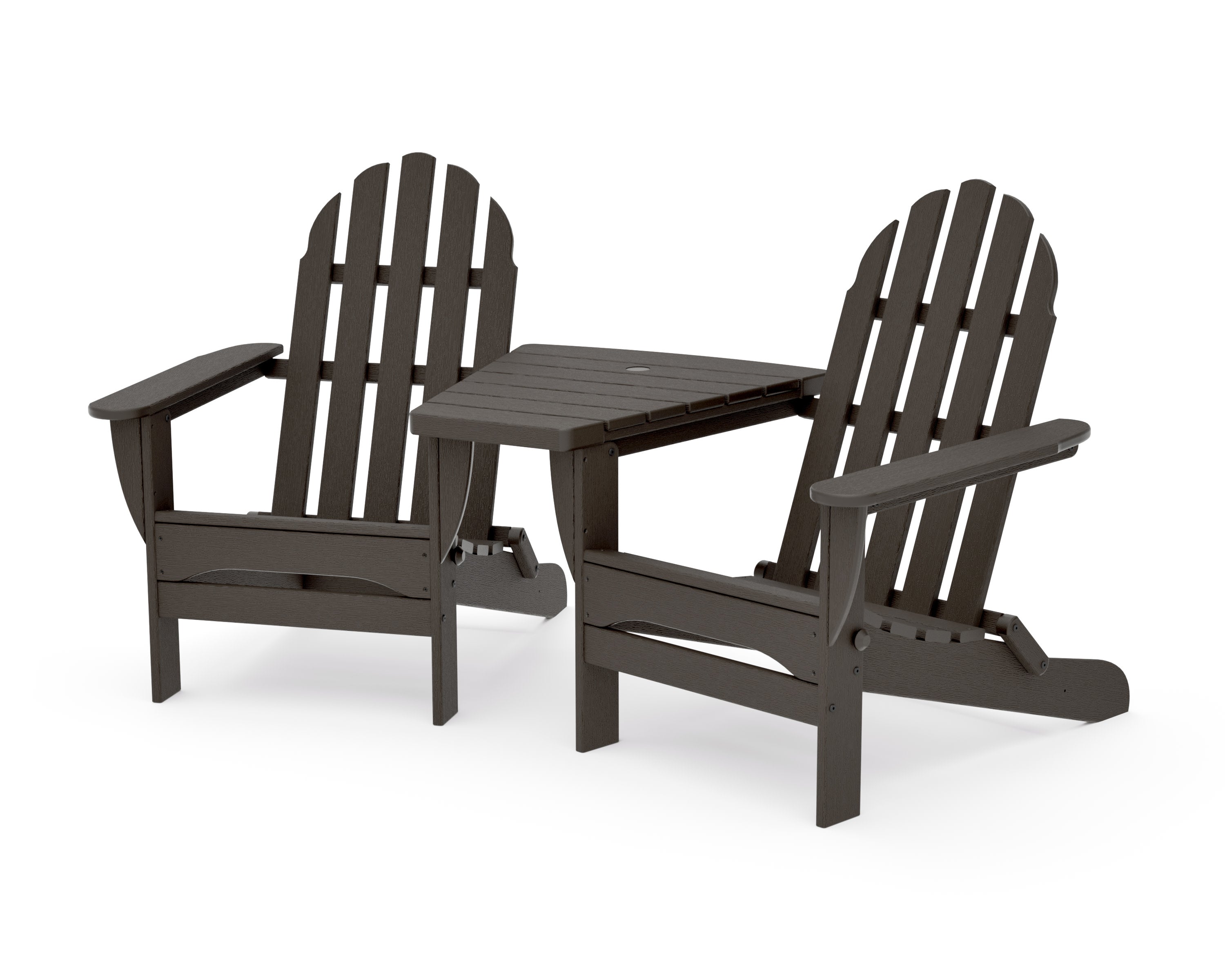 Classic Folding Adirondacks with Angled Connecting Table in Vintage Coffee