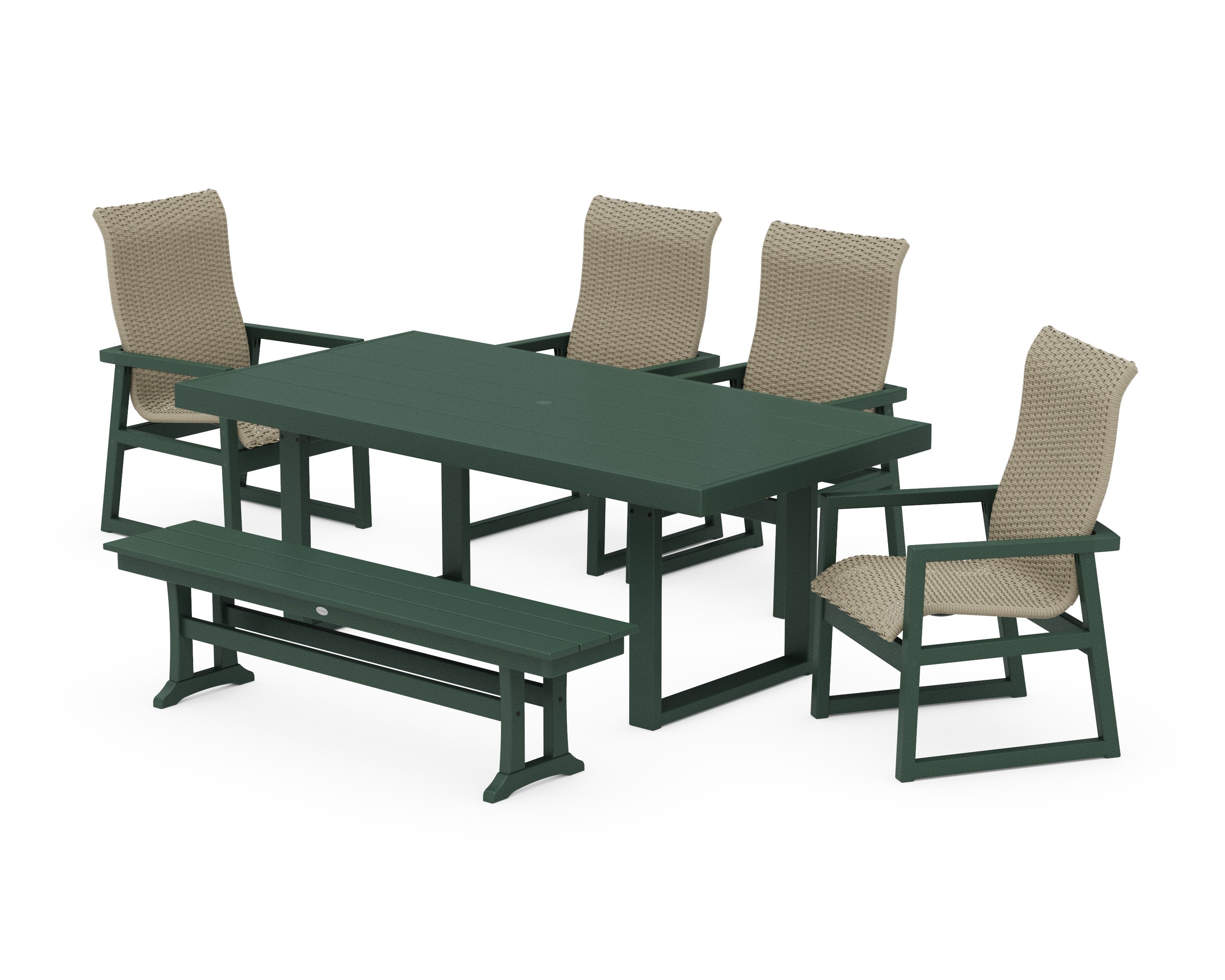 EDGE Woven Highback 6-Piece Dining Set with Bench in Green / Dune Grass