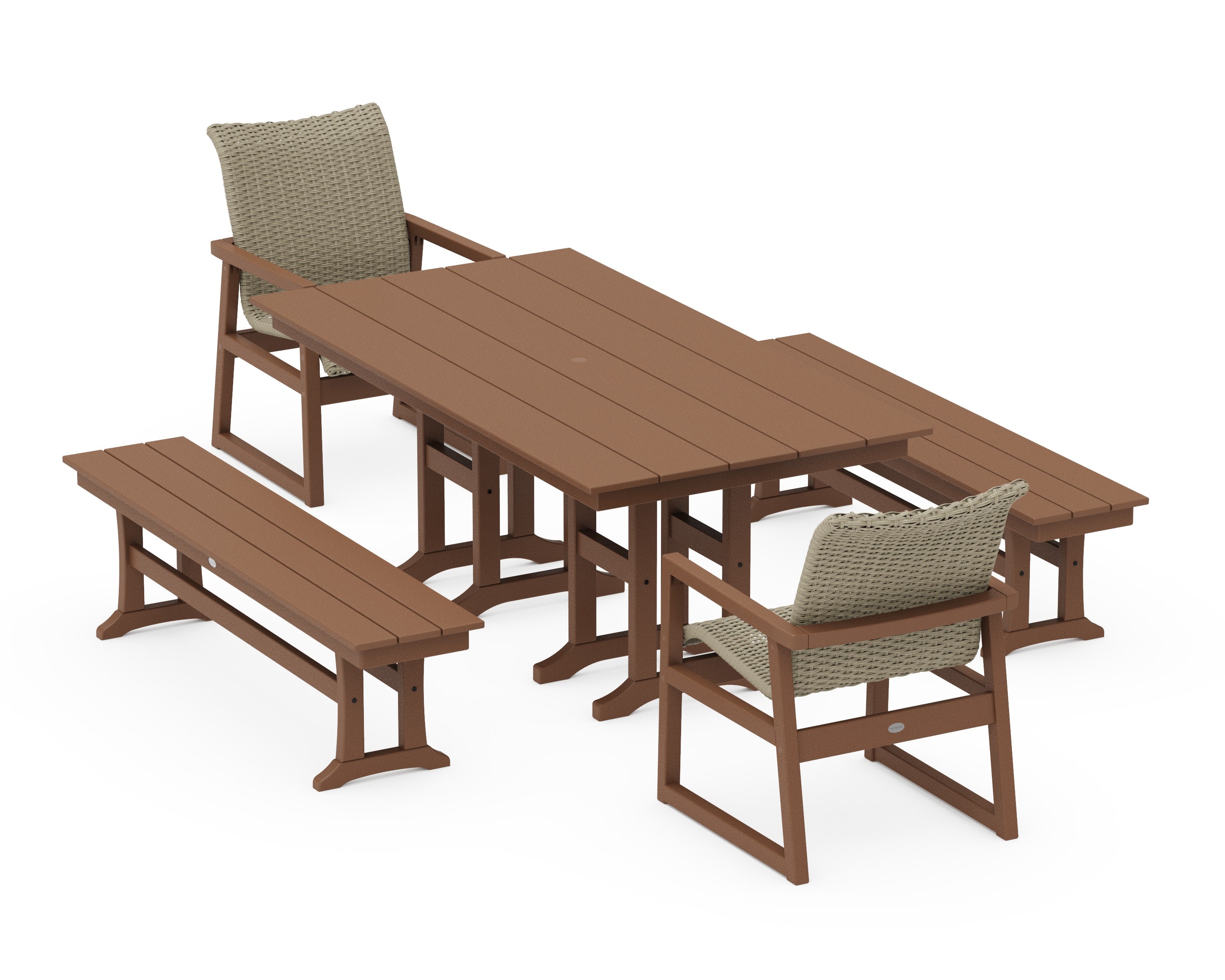 EDGE Woven 5-Piece Farmhouse Dining Set with Benches in Teak / Dune Grass
