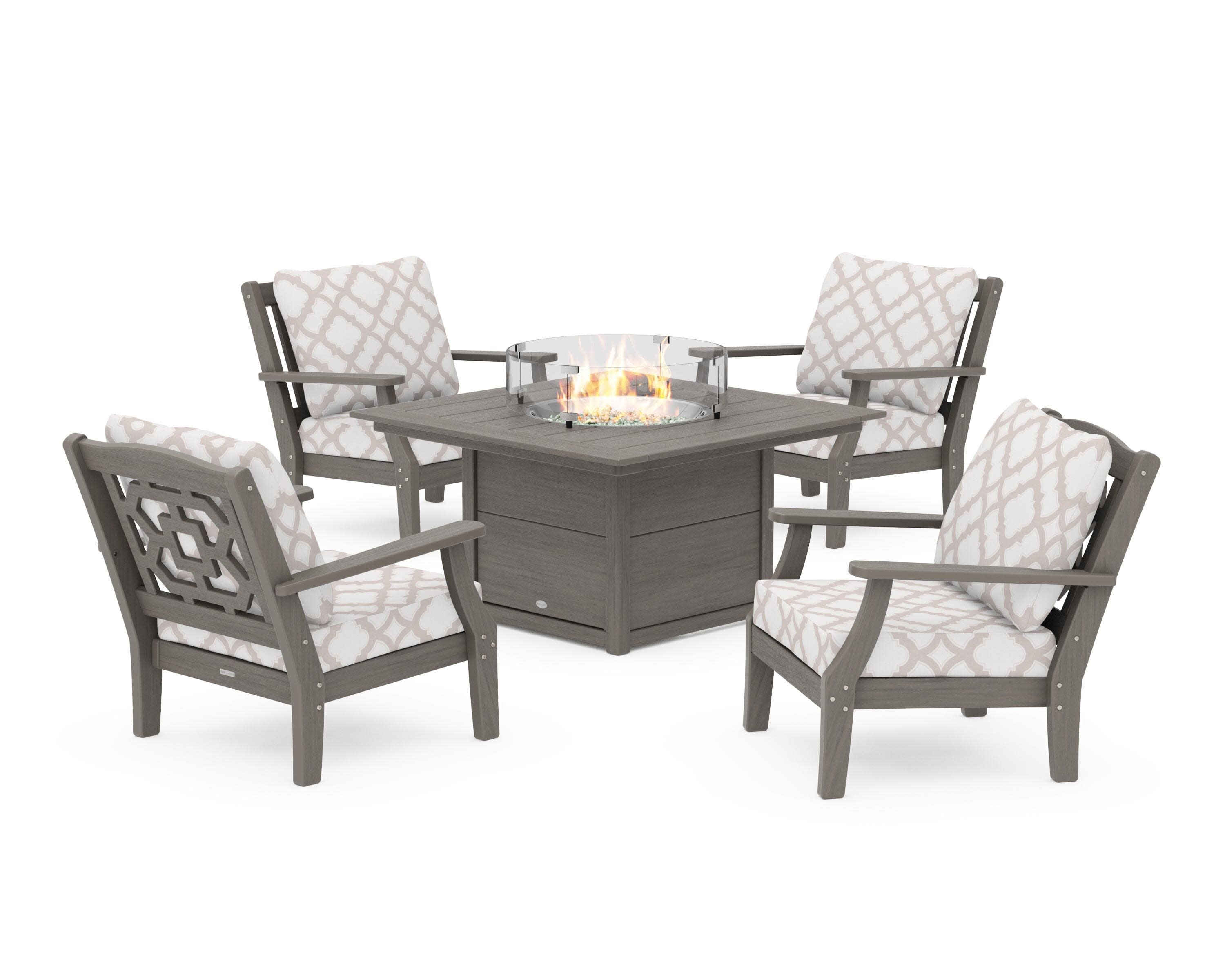 Chinoiserie 5-Piece Deep Seating Set with Fire Pit Table in Driftwood / Trellis Dune Burlap