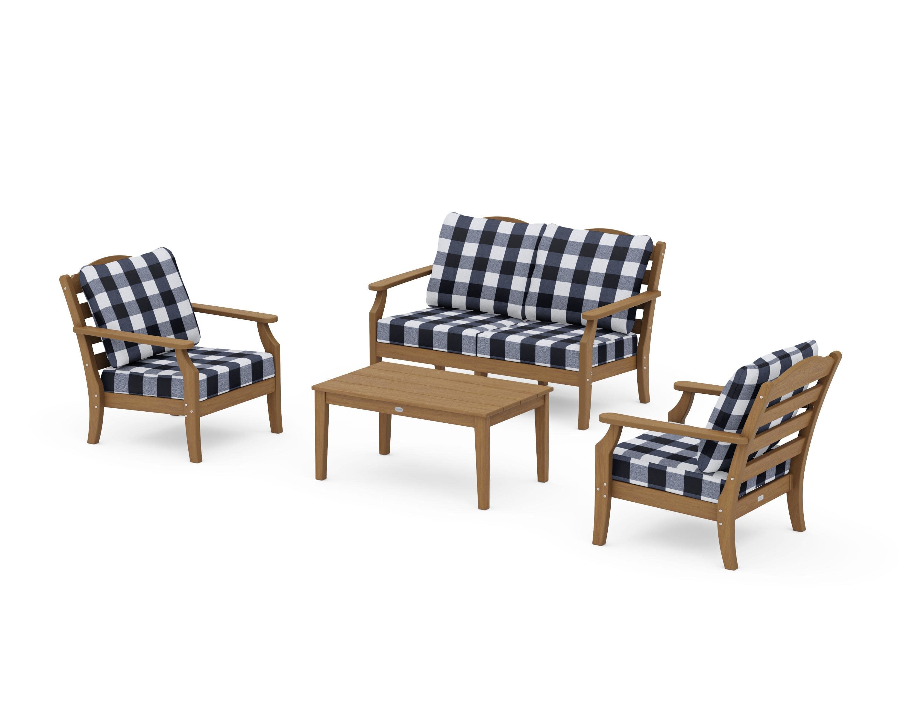 Savannah 4-Piece Deep Seating Set with Loveseat in Natural / Buffalo Plaid Marine Indigo