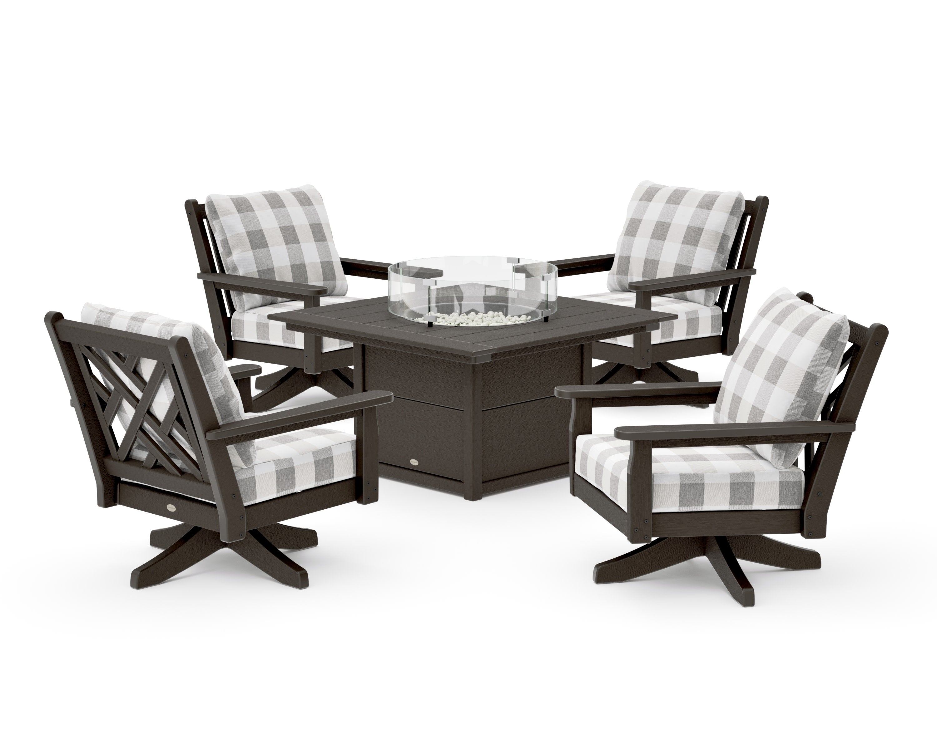 Chippendale 5-Piece Deep Seating Swivel Conversation Set with Fire Pit Table in Vintage Coffee / Buffalo Plaid Grey Mist