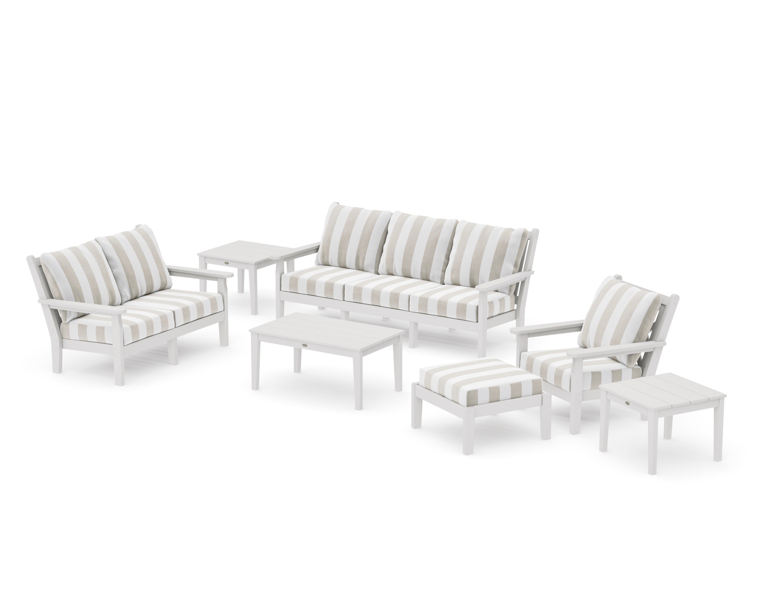 Chippendale 7-Piece Deep Seating Set in Vintage White / Cabana Stripe Dune Burlap