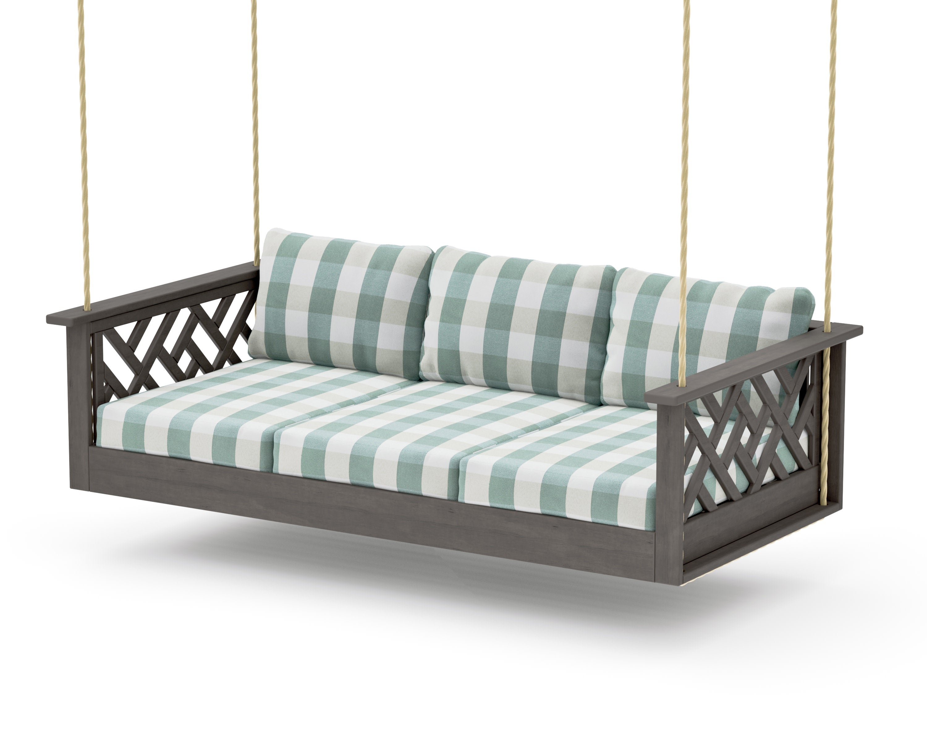 Chippendale Daybed Swing in Driftwood / Buffalo Plaid Glacier Spa