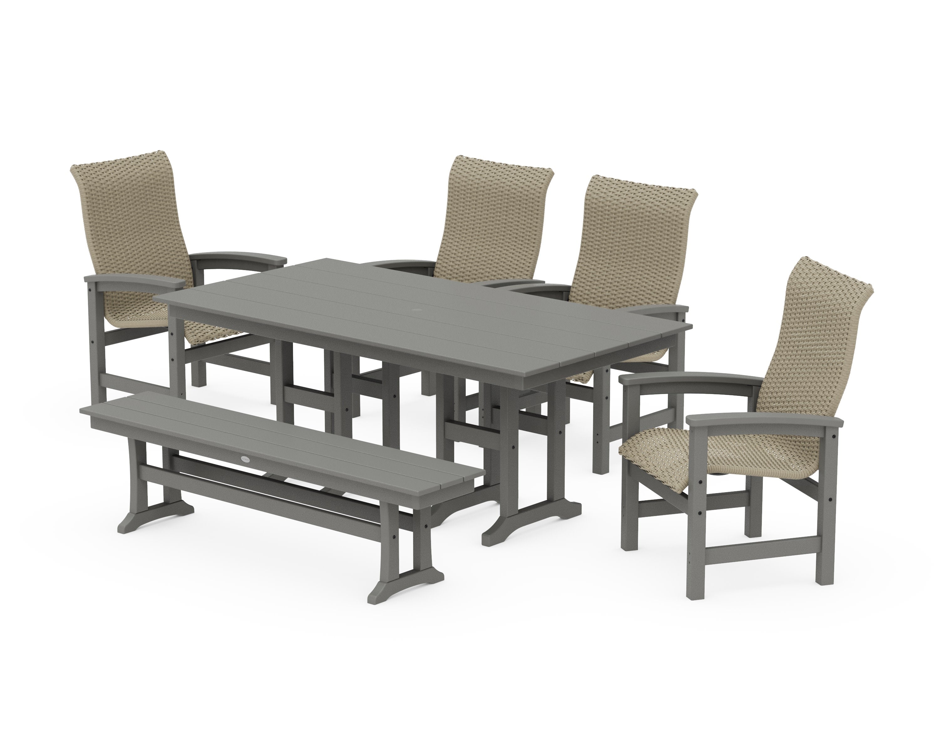 Coastal Woven High-Back 6-Piece Farmhouse Dining Set with Bench in Slate Grey / Dune Grass