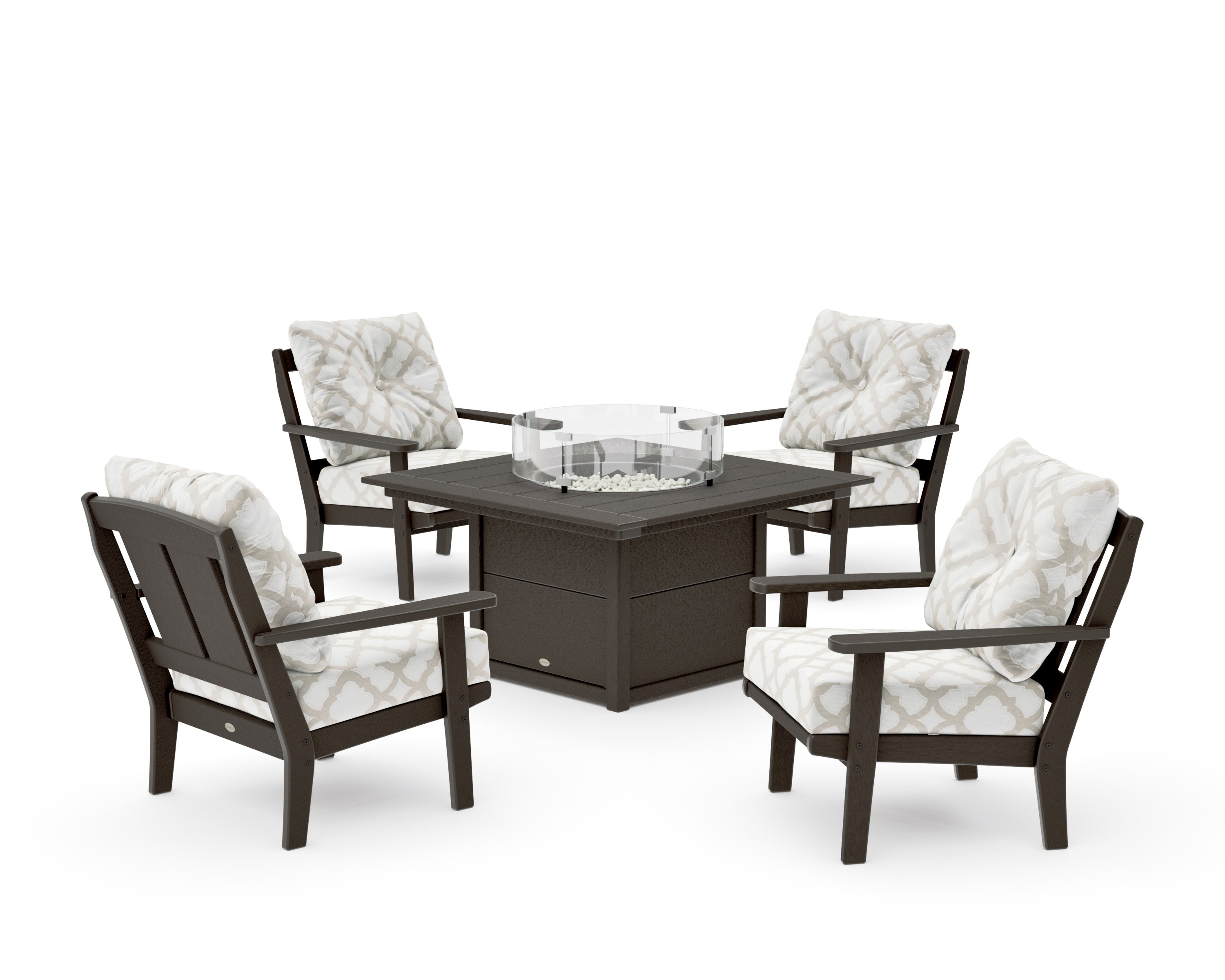 Mission 5-Piece Deep Seating Set with Fire Pit Table in Vintage Coffee / Trellis Dune Burlap