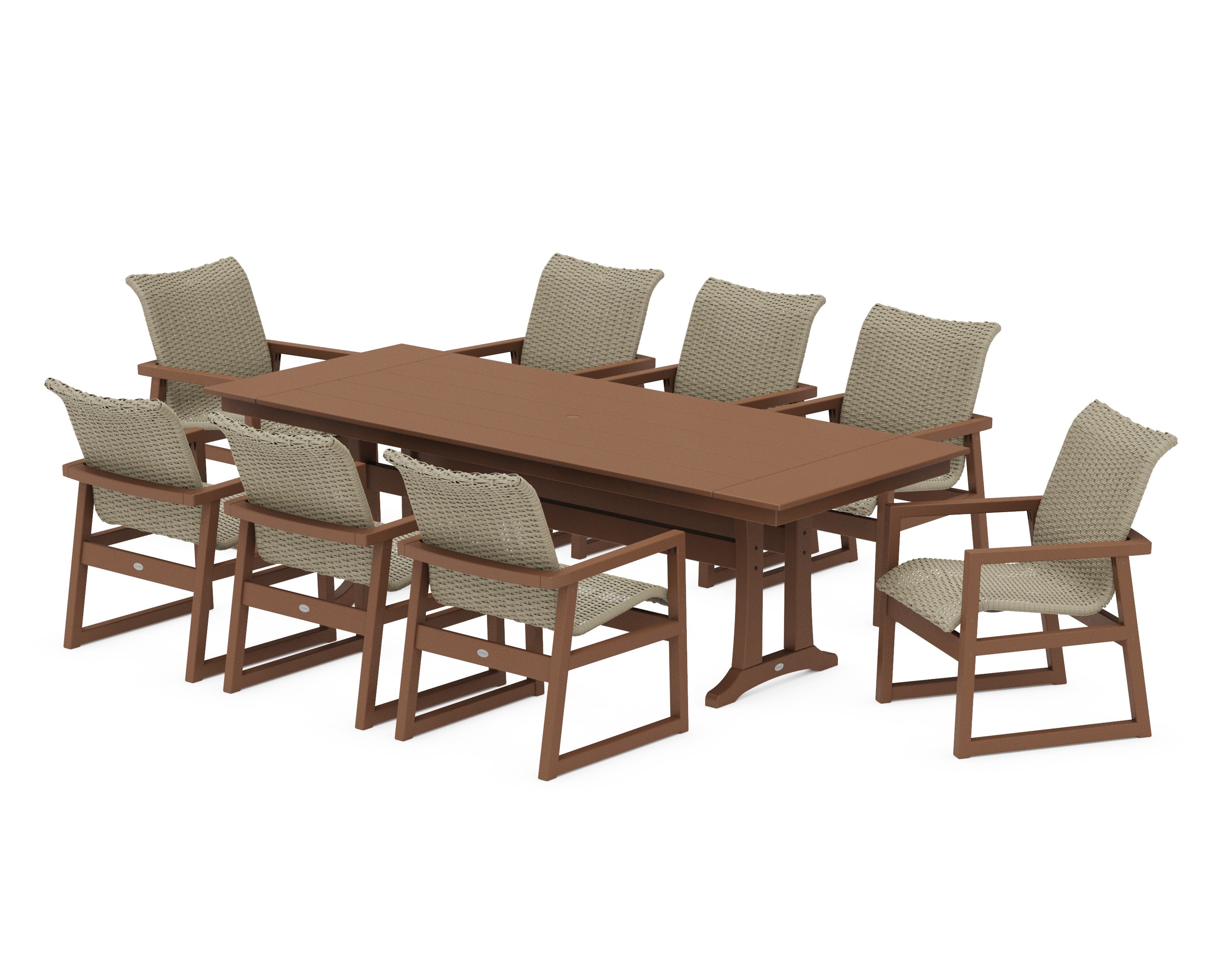 EDGE Woven 9-Piece Farmhouse Dining Set with Trestle Legs in Teak / Dune Grass
