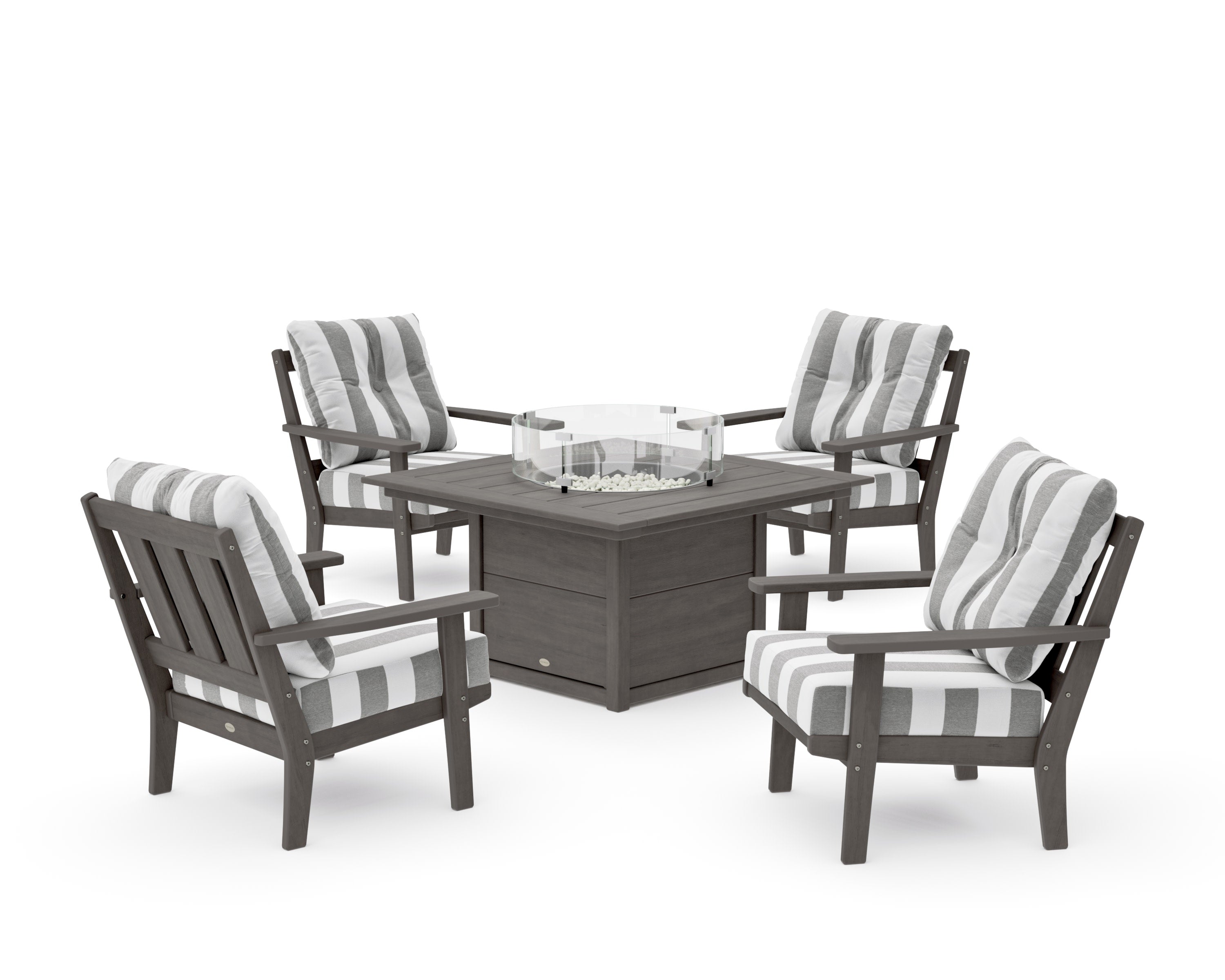 Oxford 5-Piece Deep Seating Set with Fire Pit Table in Driftwood / Cabana Stripe Grey Mist