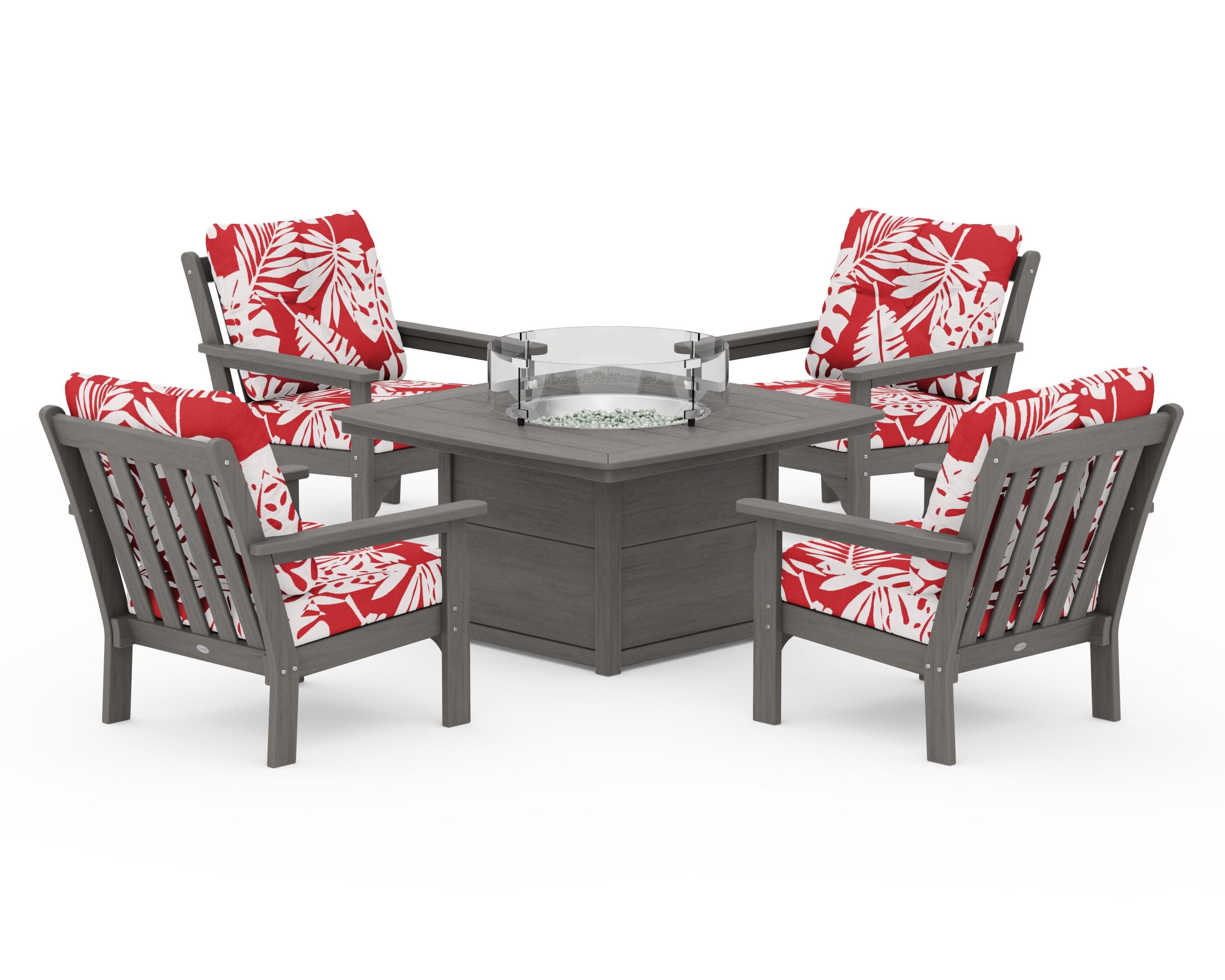 Vineyard 5-Piece Conversation Set with Fire Pit Table in Driftwood / Leaf Crimson