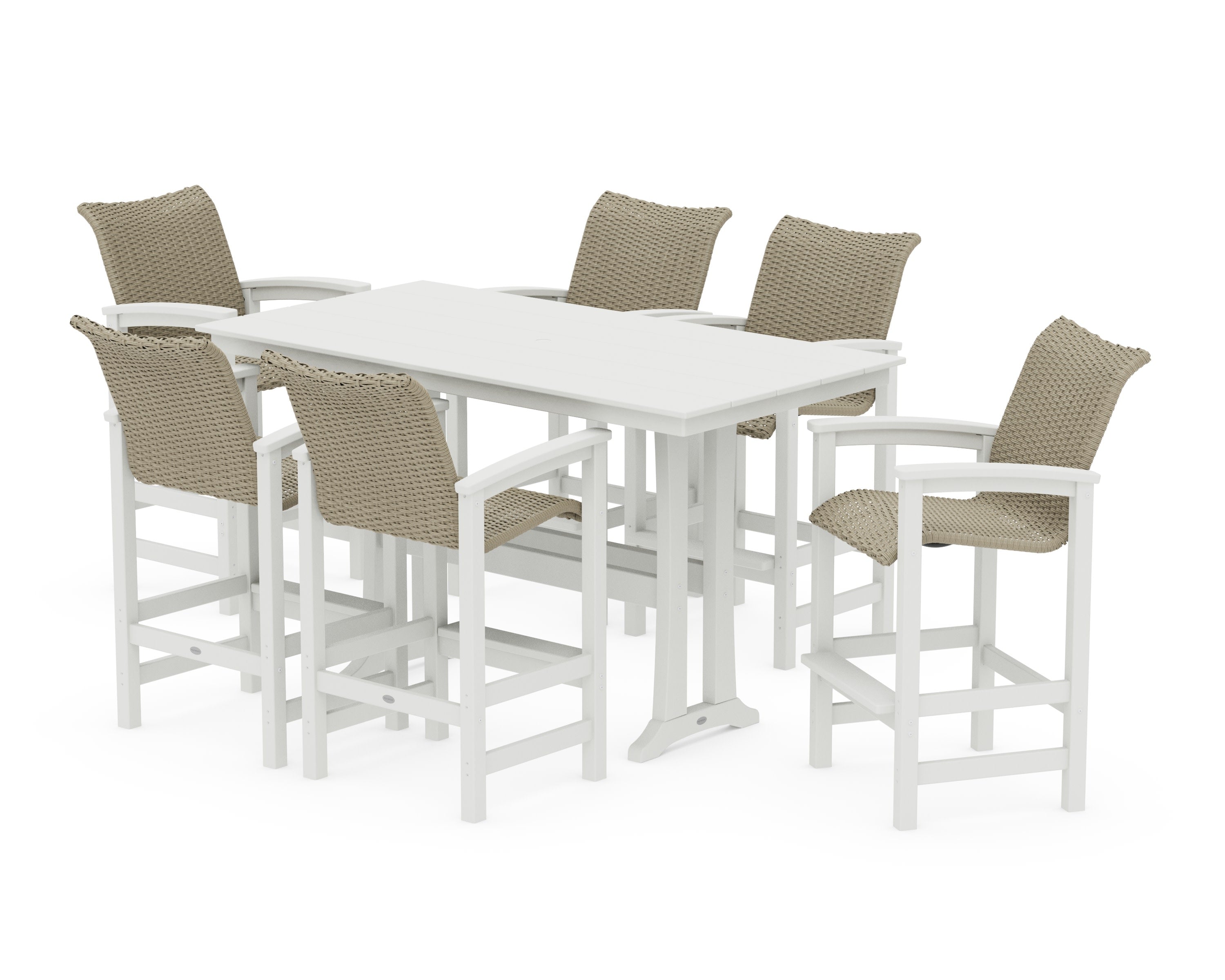 Coastal Woven Arm Chair 7-Piece Farmhouse Bar Set with Trestle Legs in White / Dune Grass