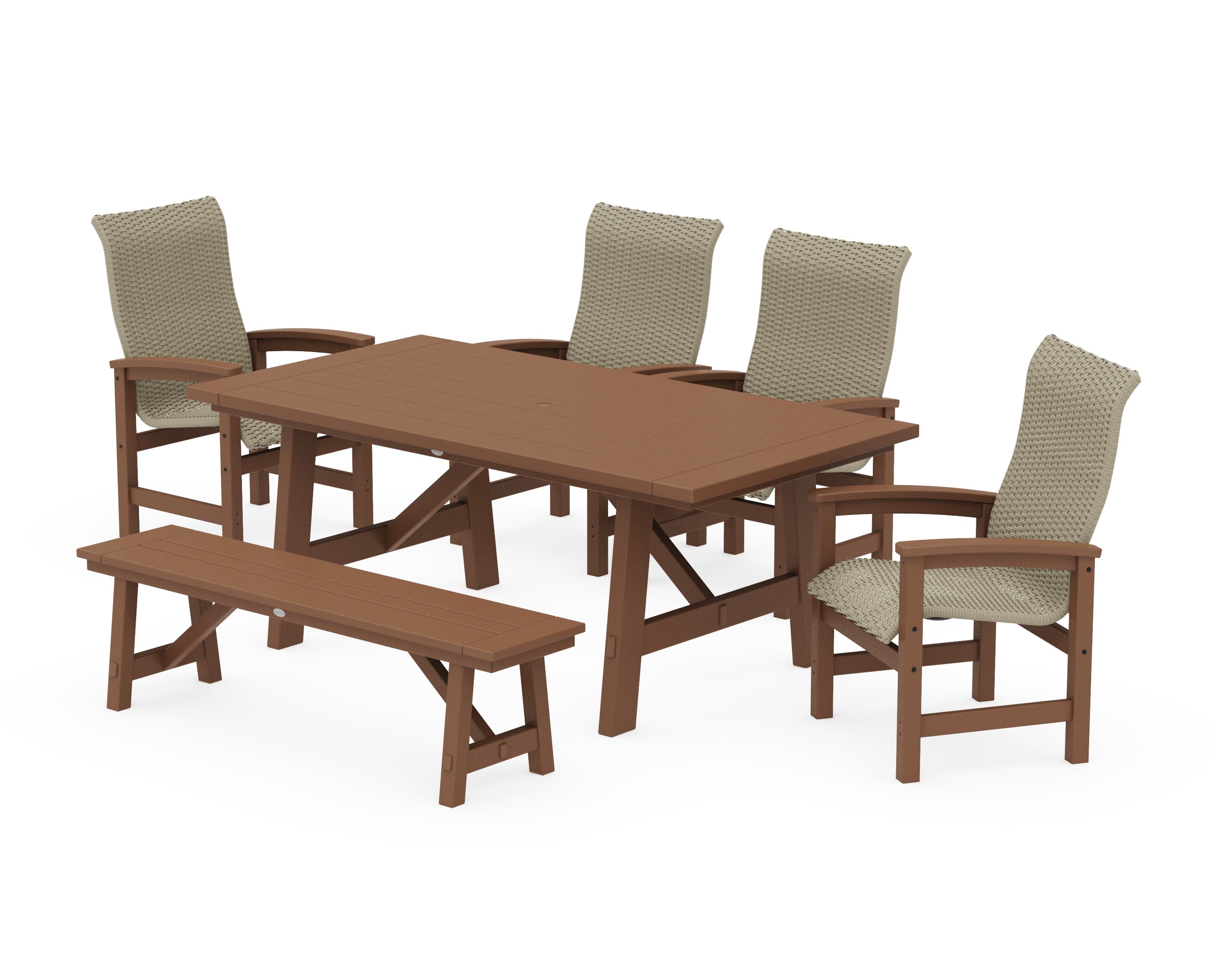 Coastal Woven High-Back 6-Piece Rustic Farmhouse Dining Set with Bench in Teak / Dune Grass