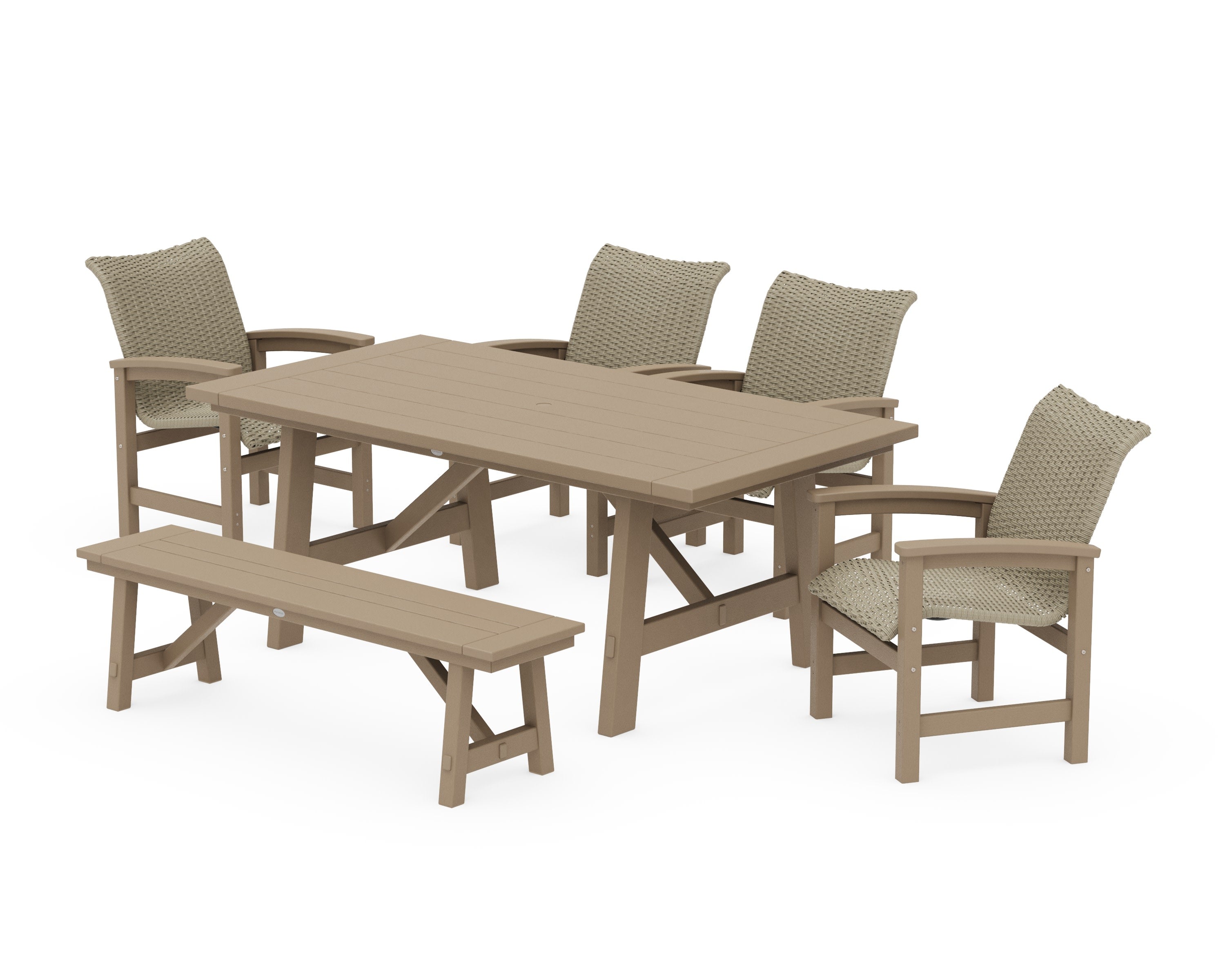 Coastal Woven 6-Piece Rustic Farmhouse Dining Set with Bench in Vintage Sahara / Dune Grass